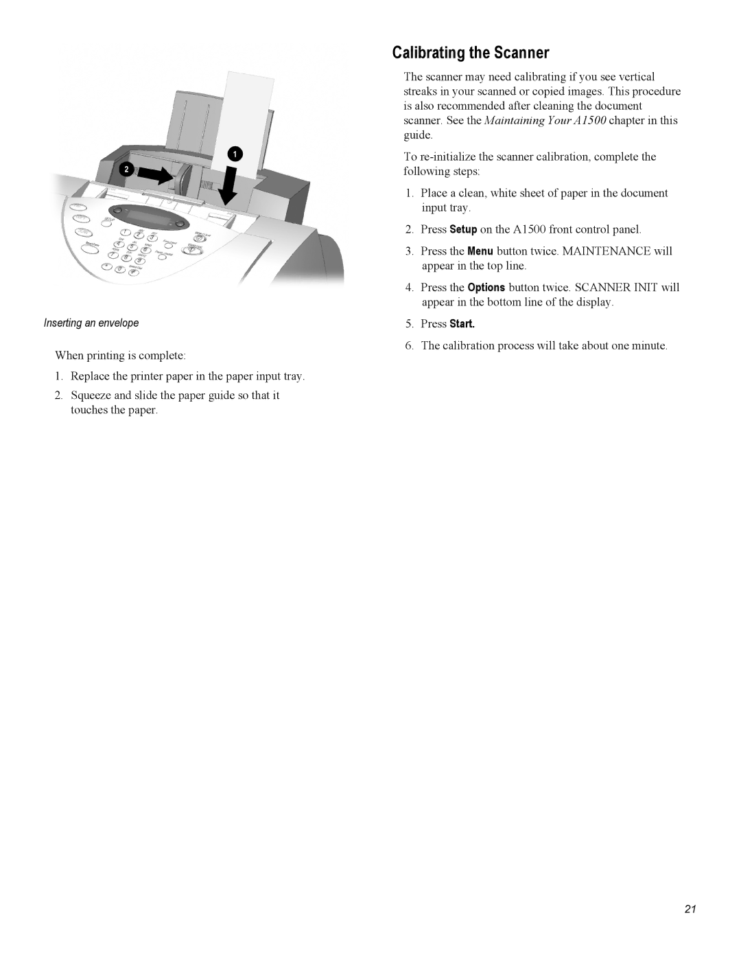 Compaq A1500 warranty Calibrating the Scanner, Inserting an envelope 