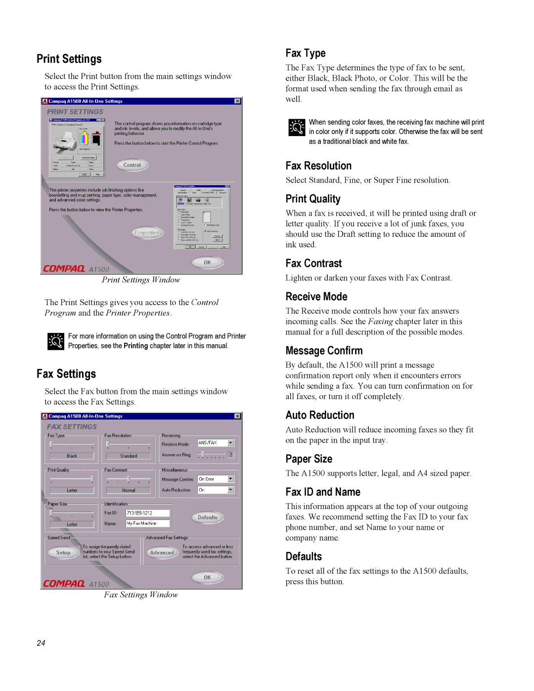 Compaq A1500 warranty Print Settings, Fax Settings 