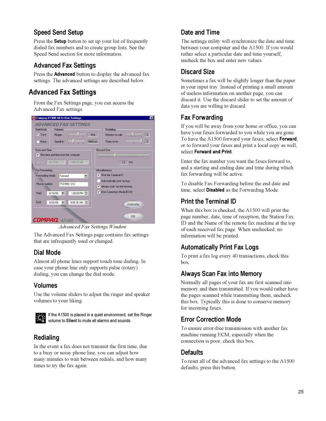 Compaq A1500 warranty Advanced Fax Settings 