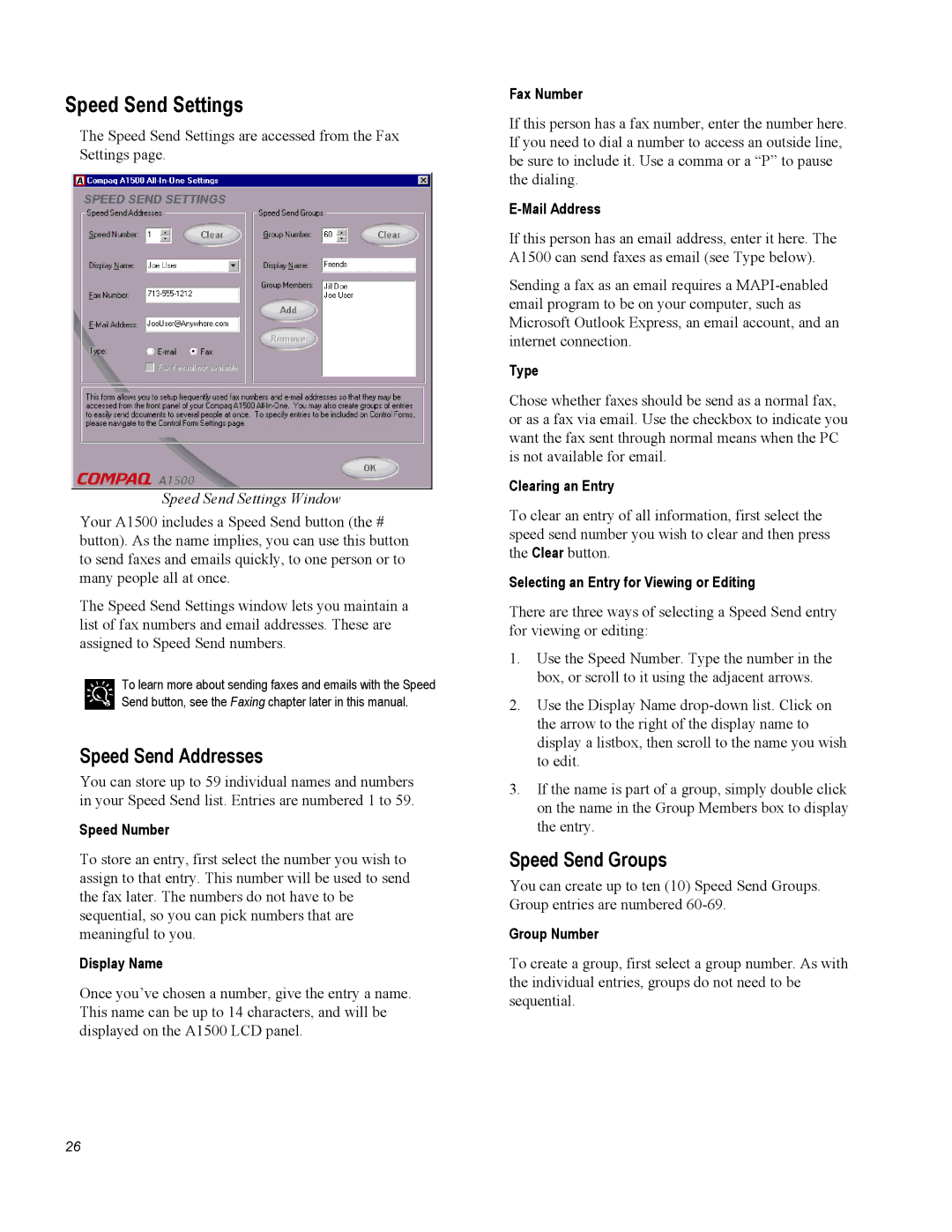 Compaq A1500 warranty Speed Send Settings, Speed Send Addresses, Speed Send Groups 