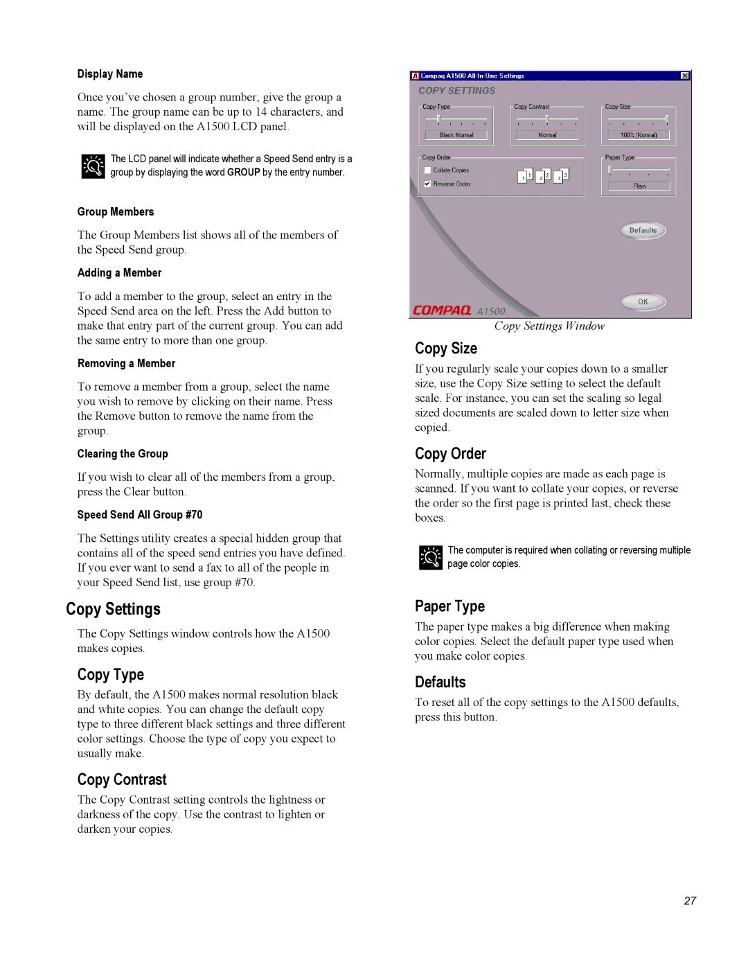 Compaq A1500 warranty Copy Settings 