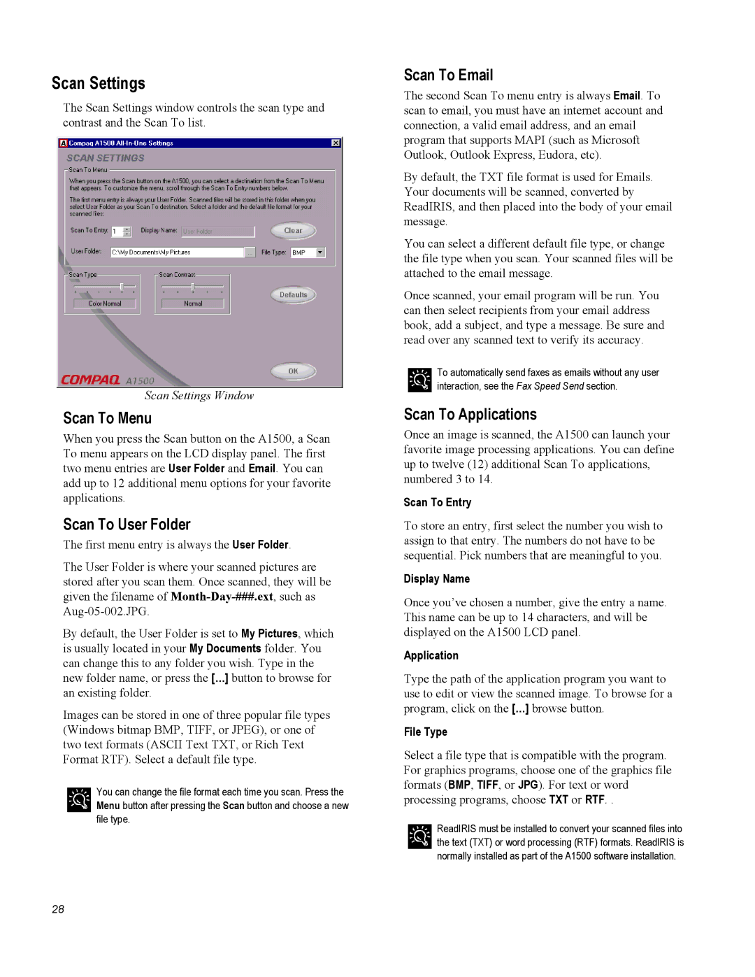 Compaq A1500 warranty Scan Settings, Scan To Menu, Scan To User Folder, Scan To Email, Scan To Applications 
