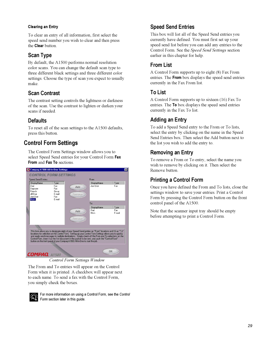 Compaq A1500 warranty Control Form Settings 