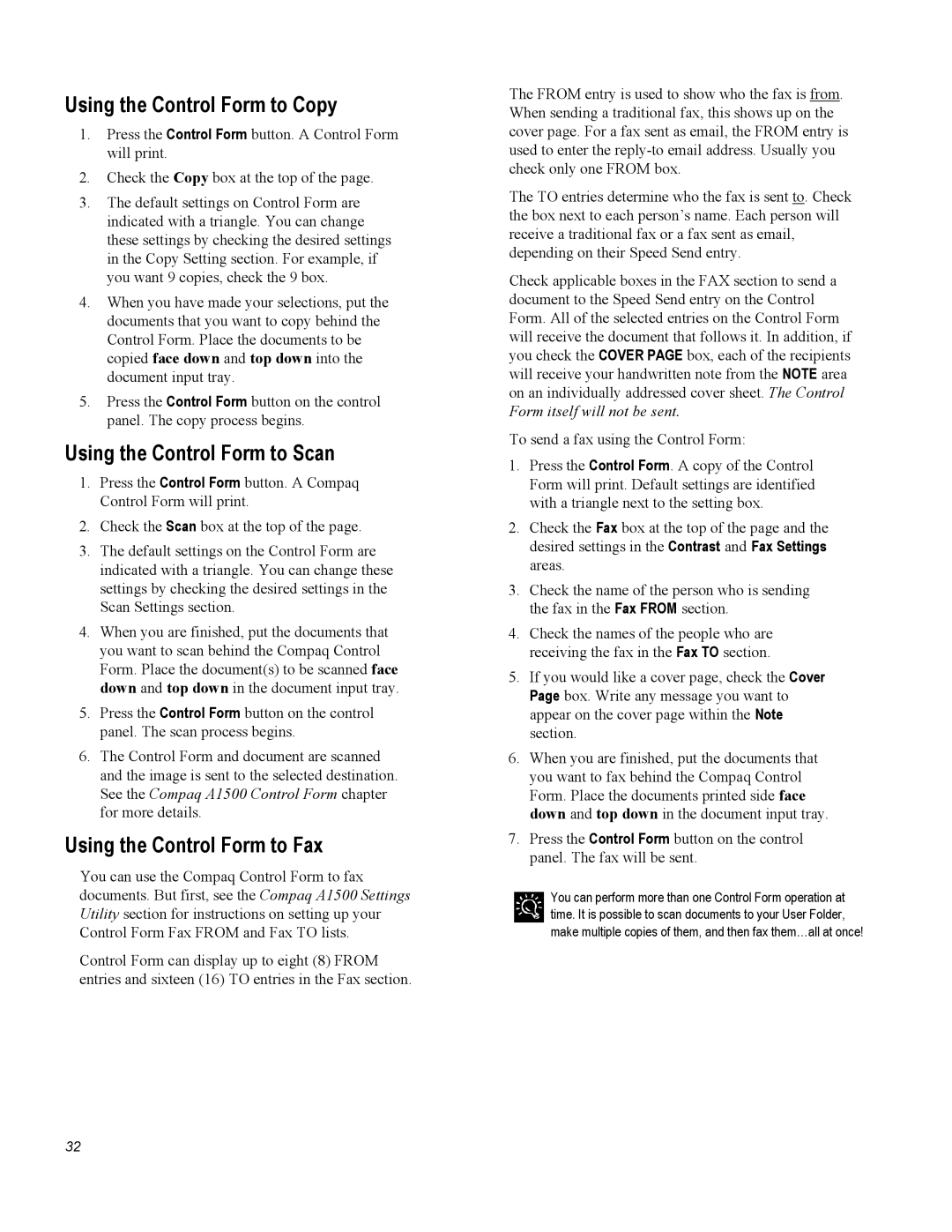 Compaq A1500 warranty Using the Control Form to Copy, Using the Control Form to Scan, Using the Control Form to Fax 