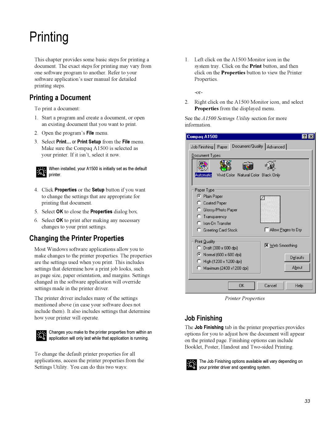 Compaq A1500 warranty Printing a Document, Changing the Printer Properties, Job Finishing 