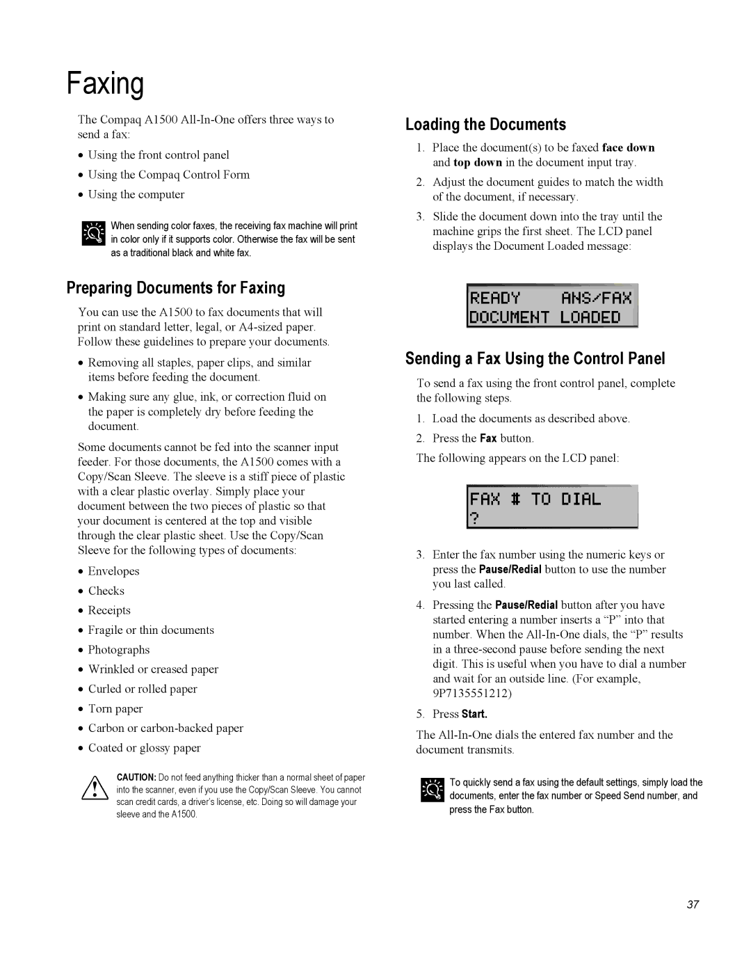 Compaq A1500 warranty Preparing Documents for Faxing, Loading the Documents, Sending a Fax Using the Control Panel 