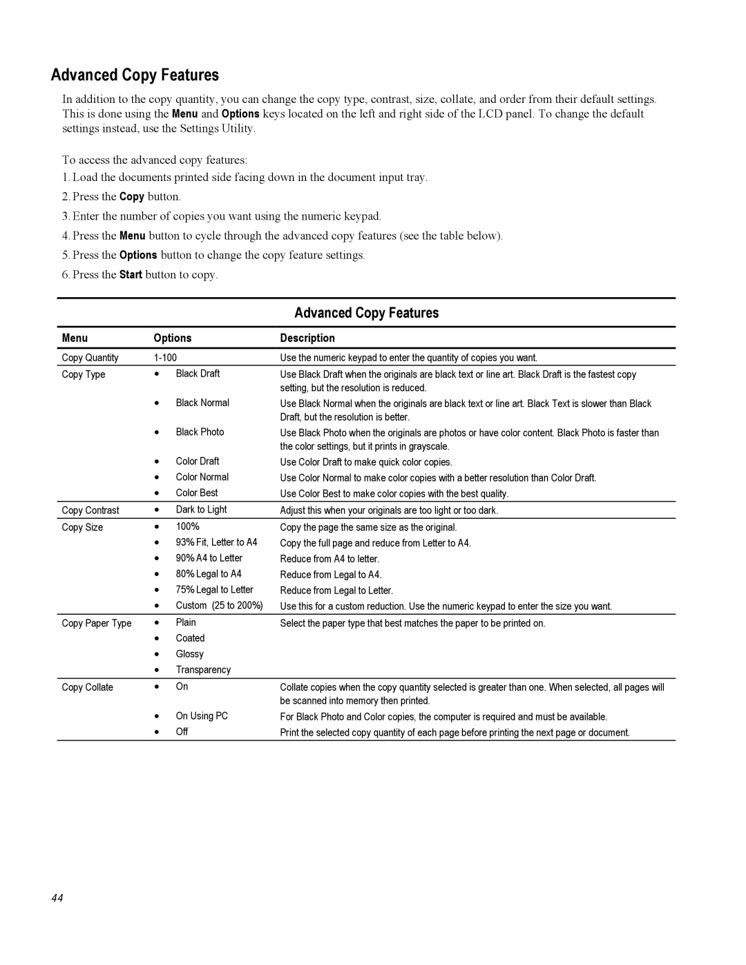 Compaq A1500 warranty Advanced Copy Features 