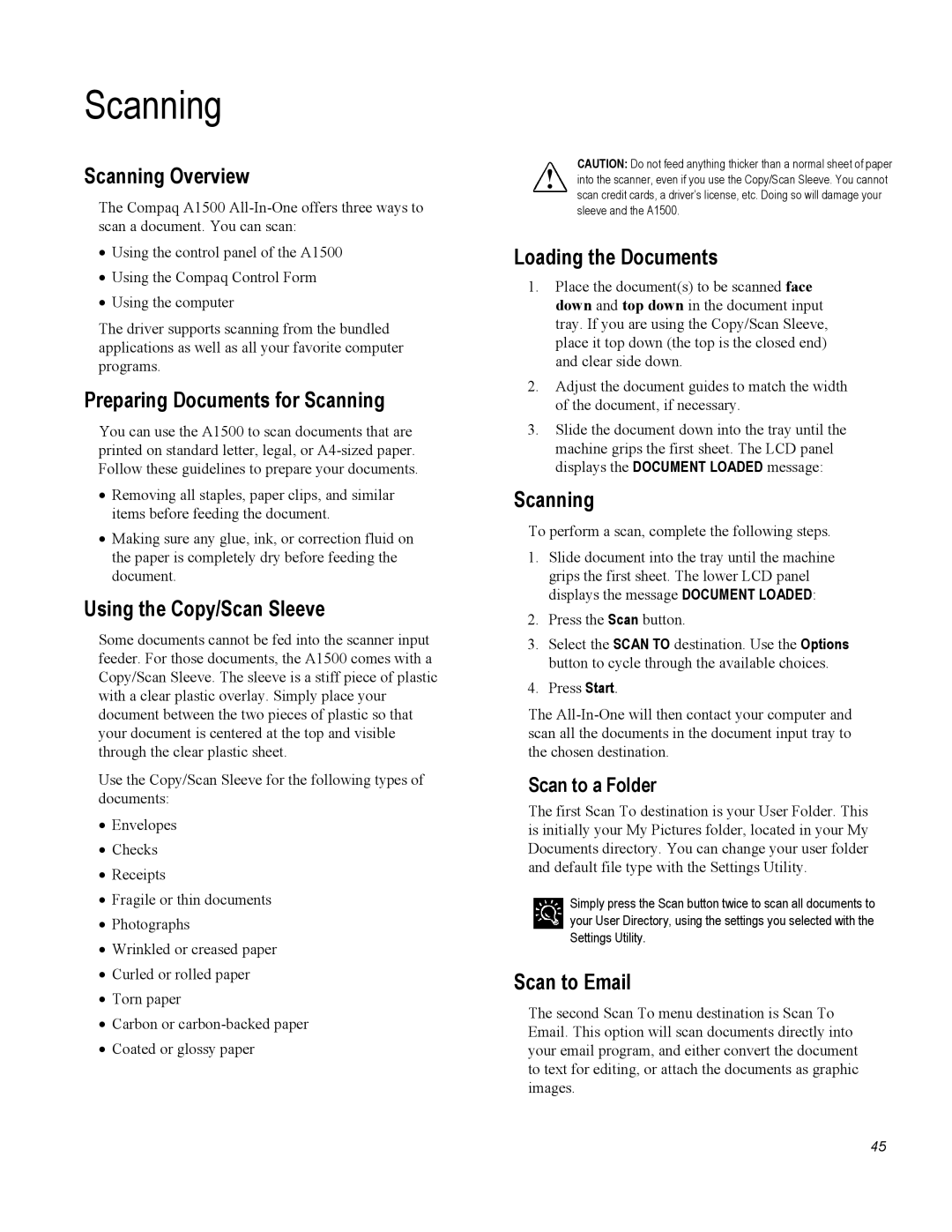 Compaq A1500 warranty Scanning Overview, Preparing Documents for Scanning, Scan to Email 