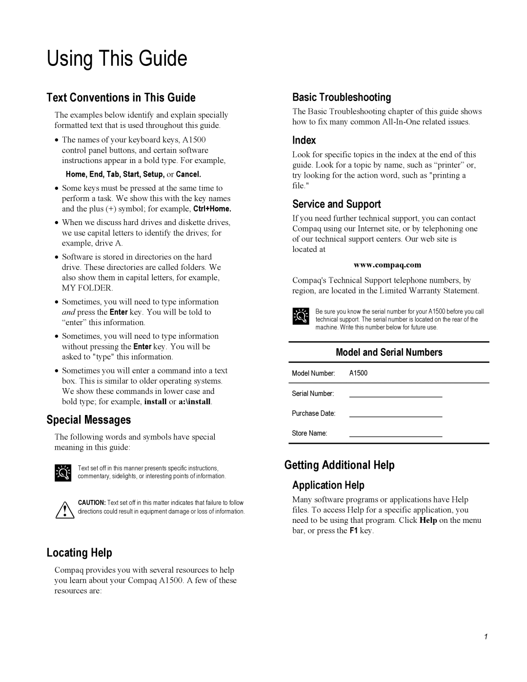 Compaq A1500 Using This Guide, Text Conventions in This Guide, Special Messages, Locating Help, Getting Additional Help 