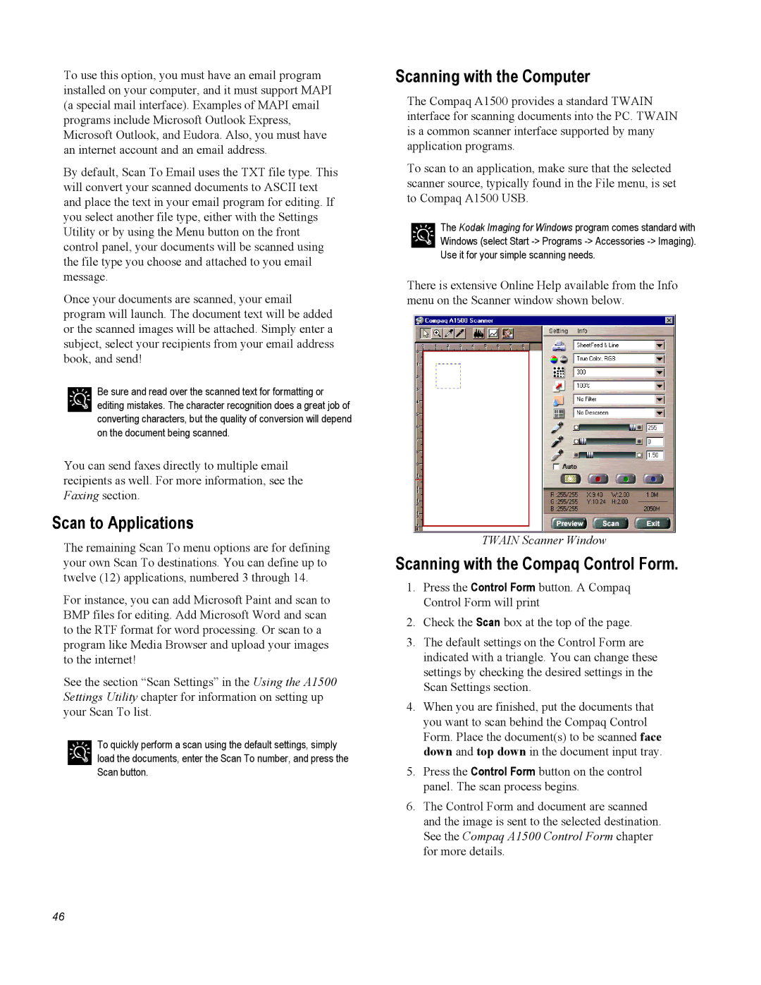 Compaq A1500 warranty Scan to Applications, Scanning with the Computer, Scanning with the Compaq Control Form 