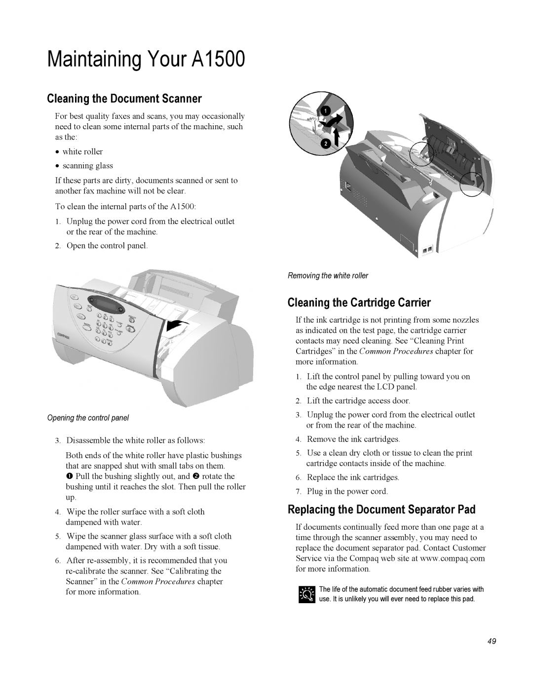 Compaq warranty Maintaining Your A1500, Cleaning the Document Scanner, Cleaning the Cartridge Carrier 