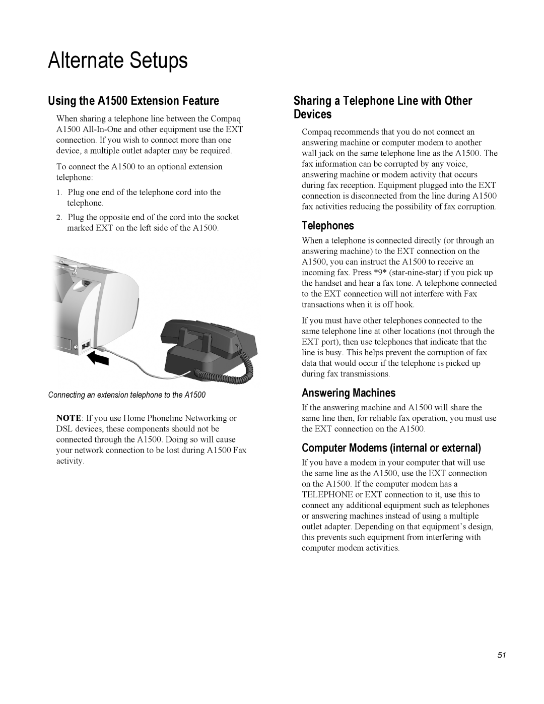 Compaq warranty Alternate Setups, Using the A1500 Extension Feature, Sharing a Telephone Line with Other Devices 