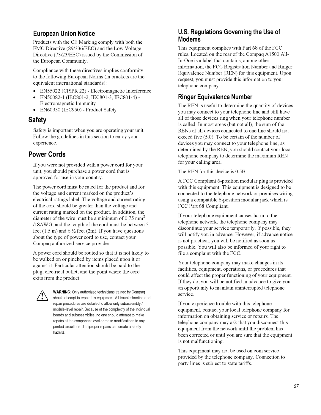 Compaq A1500 warranty Safety, Power Cords, European Union Notice, Regulations Governing the Use of Modems 