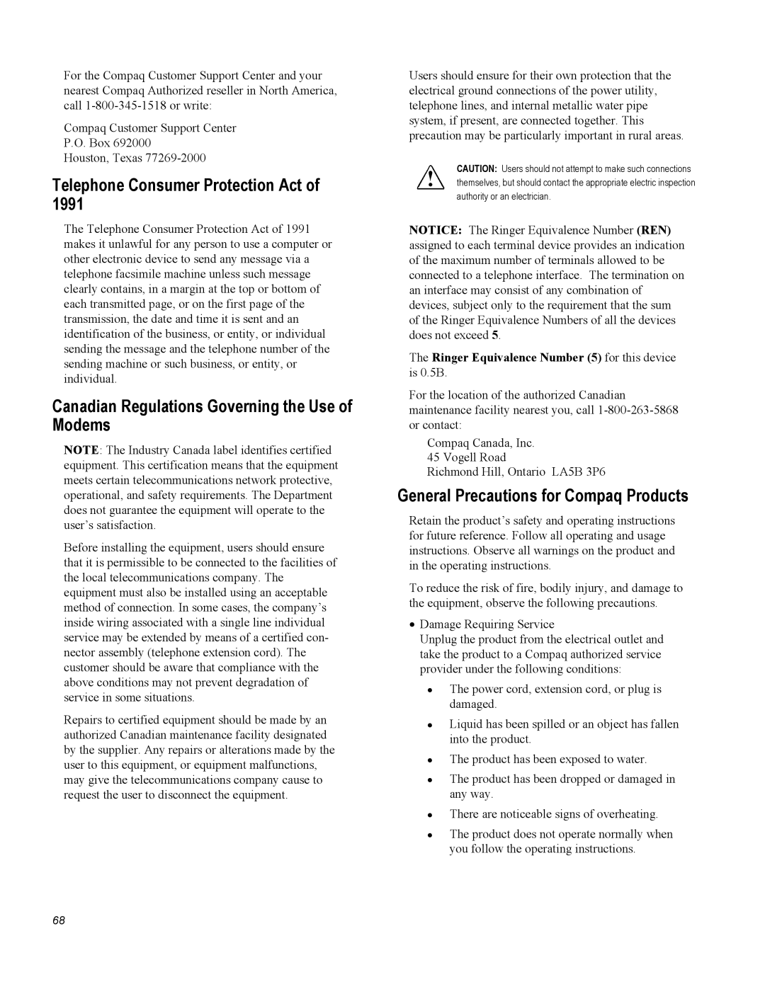 Compaq A1500 warranty Telephone Consumer Protection Act, Canadian Regulations Governing the Use of Modems 