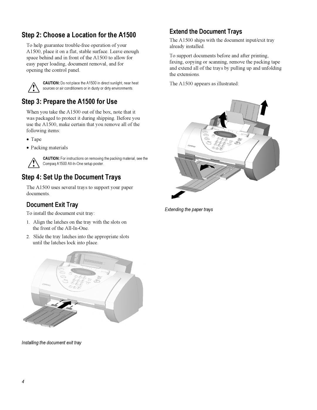 Compaq Choose a Location for the A1500, Prepare the A1500 for Use, Set Up the Document Trays, Document Exit Tray 