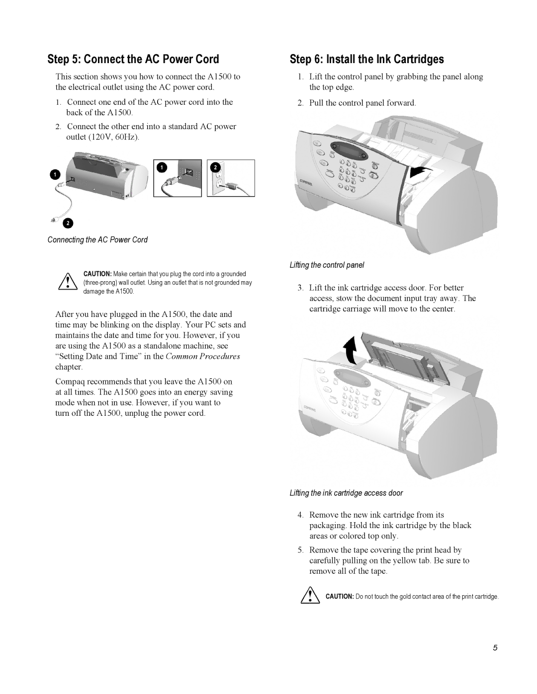 Compaq A1500 warranty Connect the AC Power Cord, Install the Ink Cartridges 