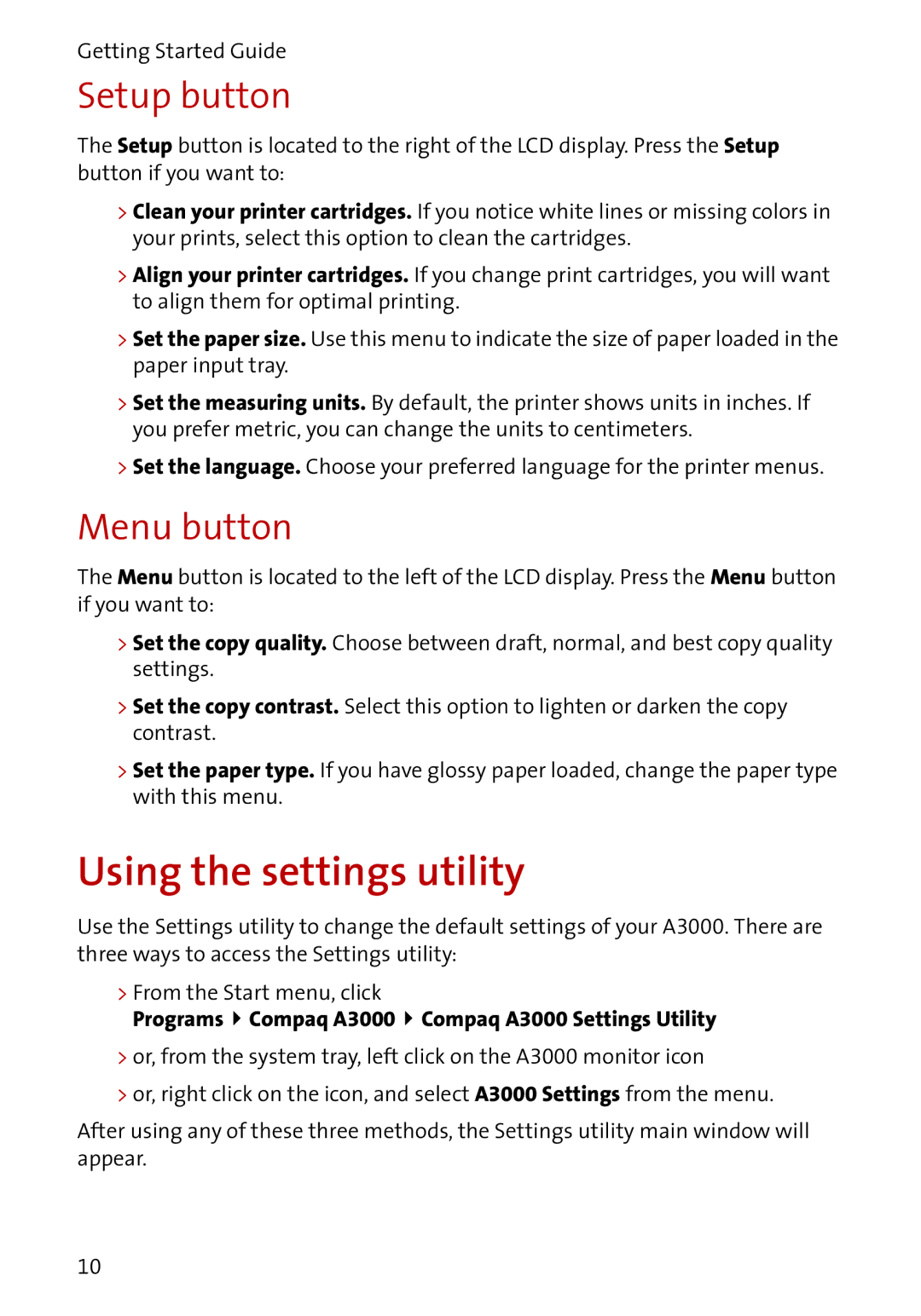 Compaq A3000 manual Using the settings utility, Setup button, Menu button 