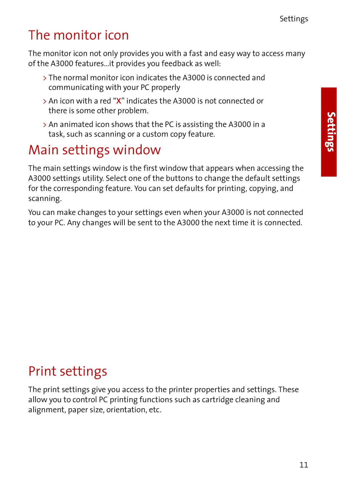 Compaq A3000 manual Monitor icon, Main settings window, Print settings 