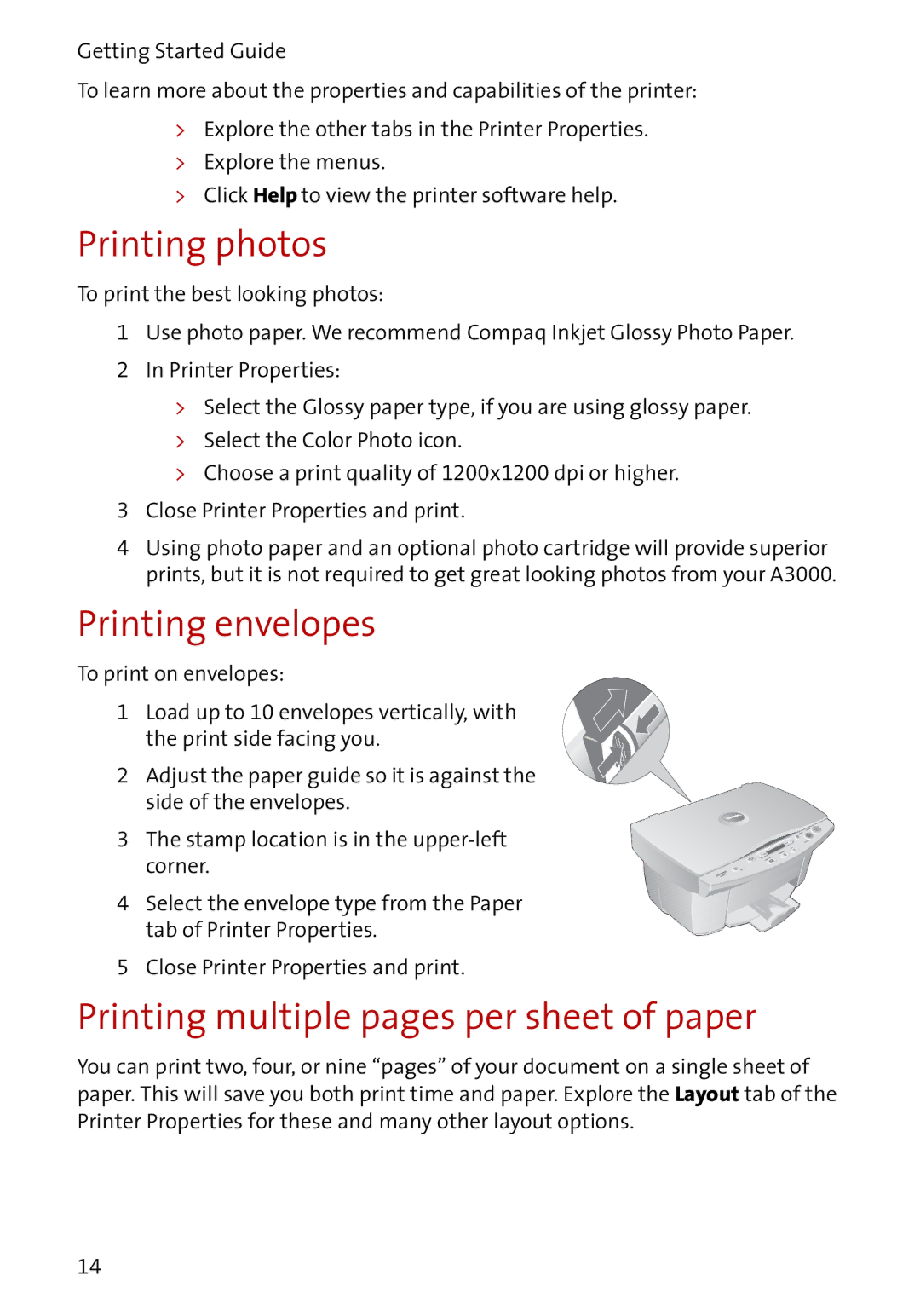 Compaq A3000 manual Printing photos, Printing envelopes, Printing multiple pages per sheet of paper 