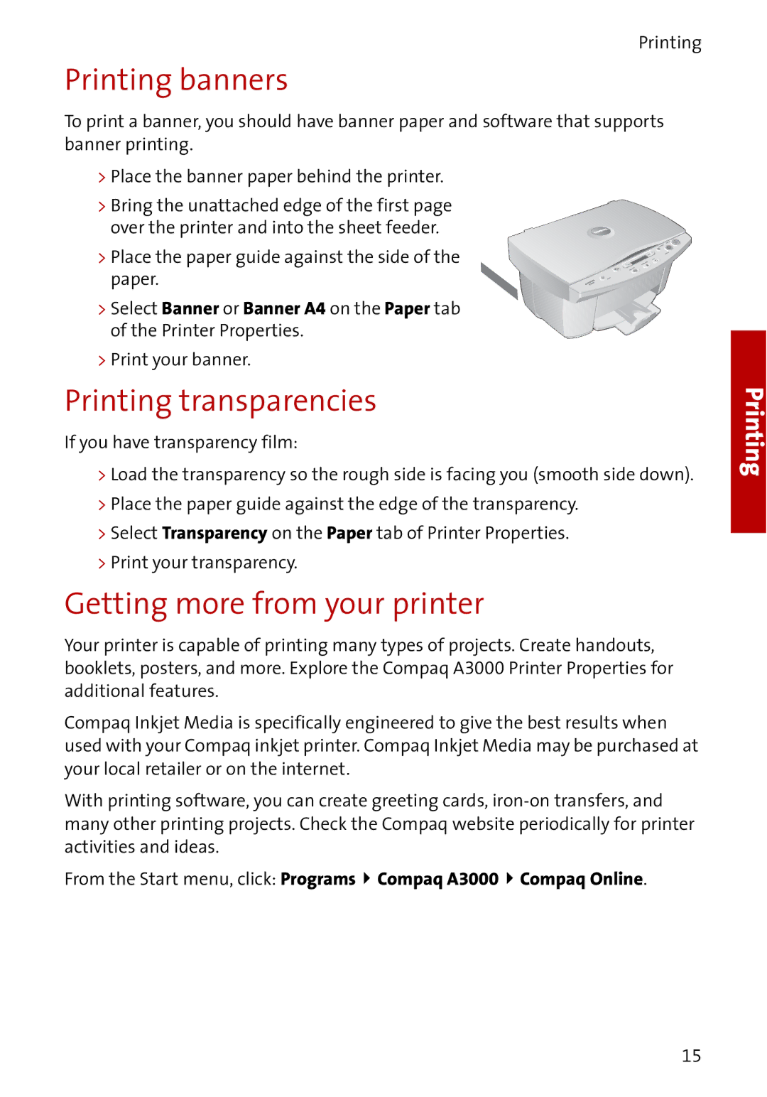 Compaq A3000 manual Printing banners, Printing transparencies, Getting more from your printer 