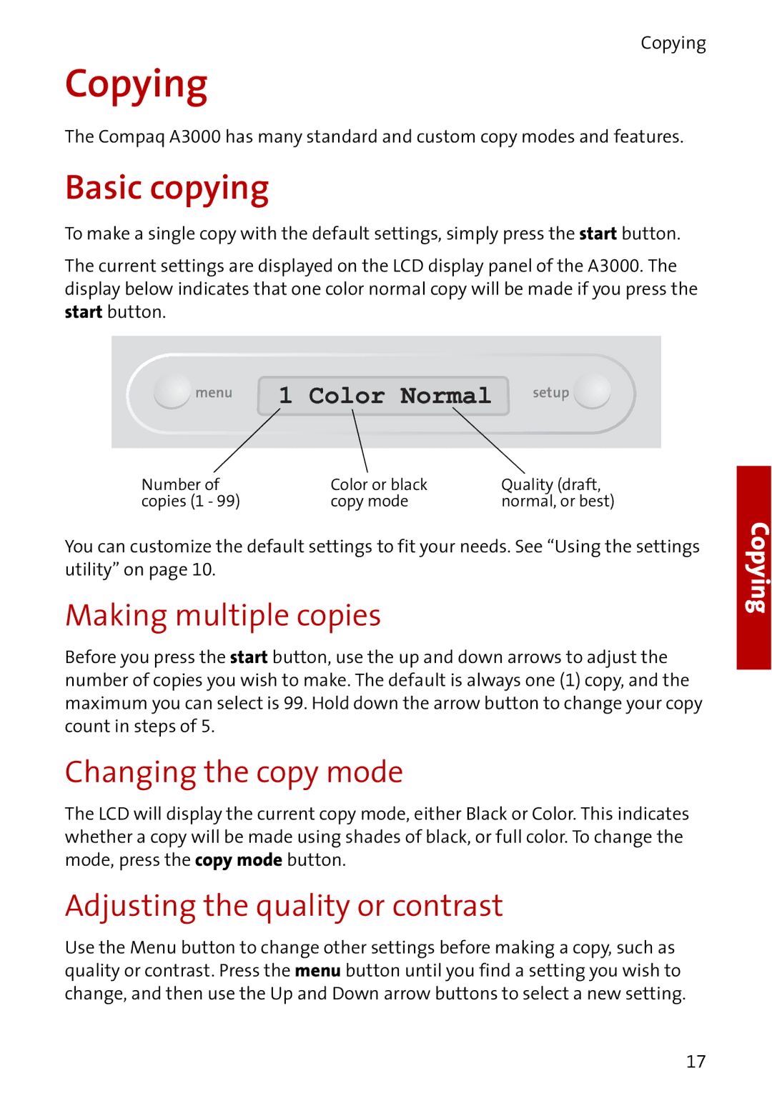 Compaq A3000 Copying, Basic copying, Making multiple copies, Changing the copy mode, Adjusting the quality or contrast 