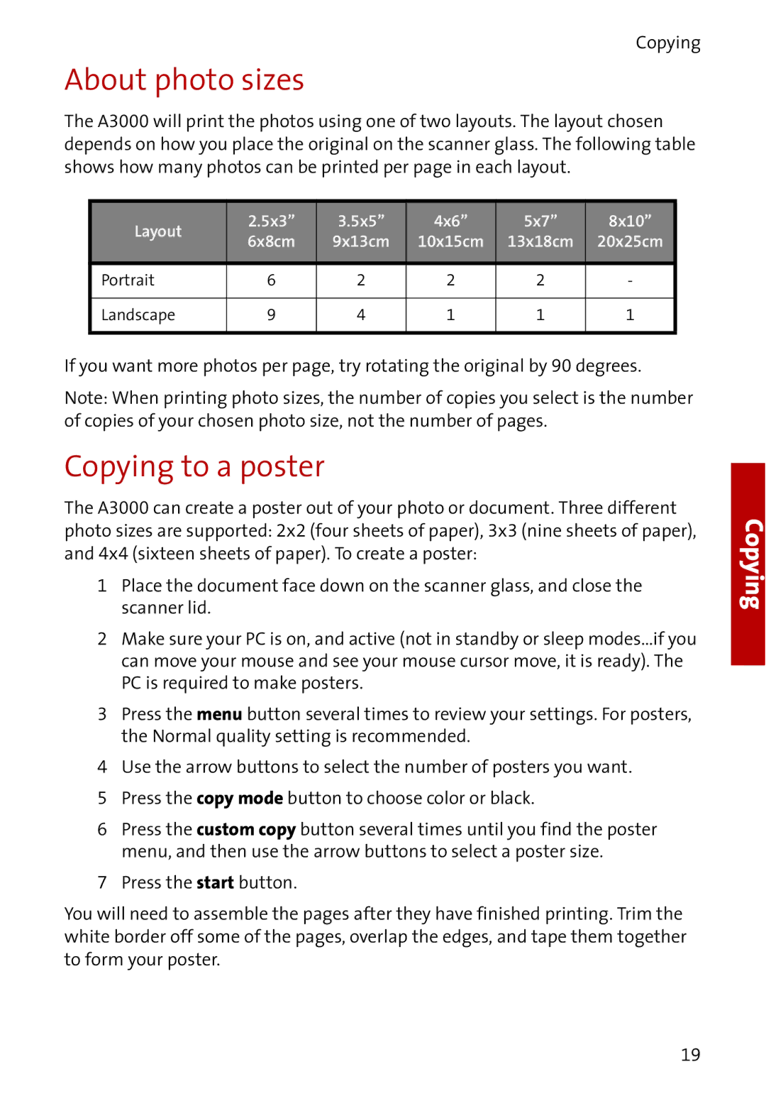 Compaq A3000 manual About photo sizes, Copying to a poster 