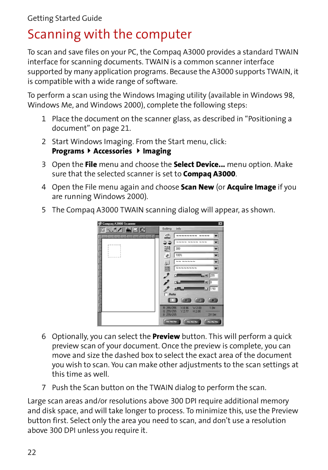 Compaq A3000 manual Scanning with the computer, Programs Accessories Imaging 