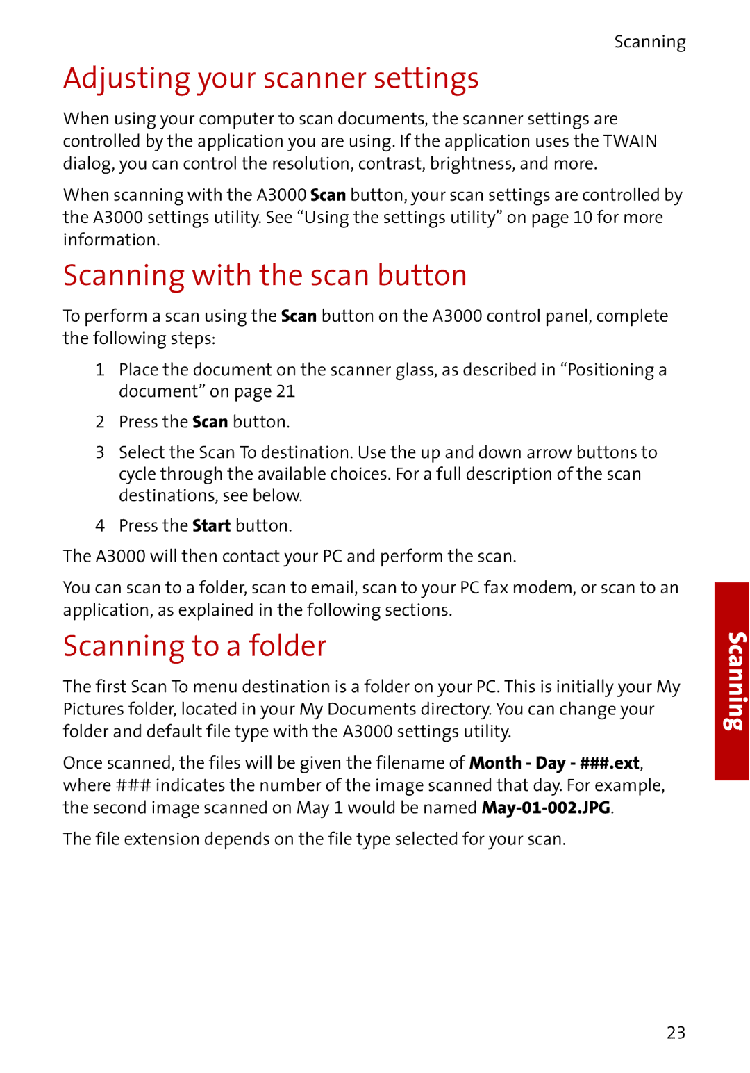 Compaq A3000 manual Adjusting your scanner settings, Scanning with the scan button, Scanning to a folder 