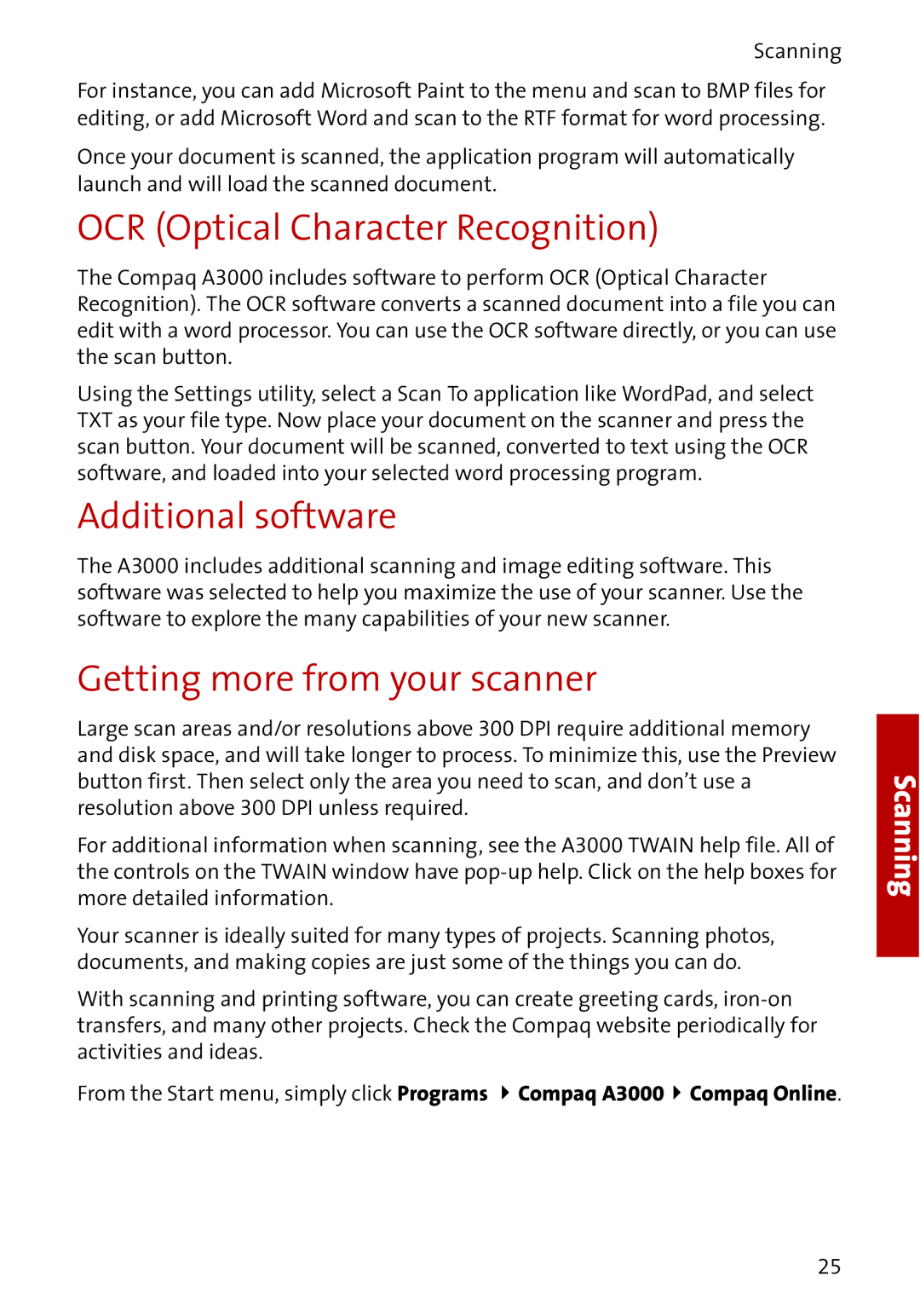 Compaq A3000 manual OCR Optical Character Recognition, Additional software, Getting more from your scanner 