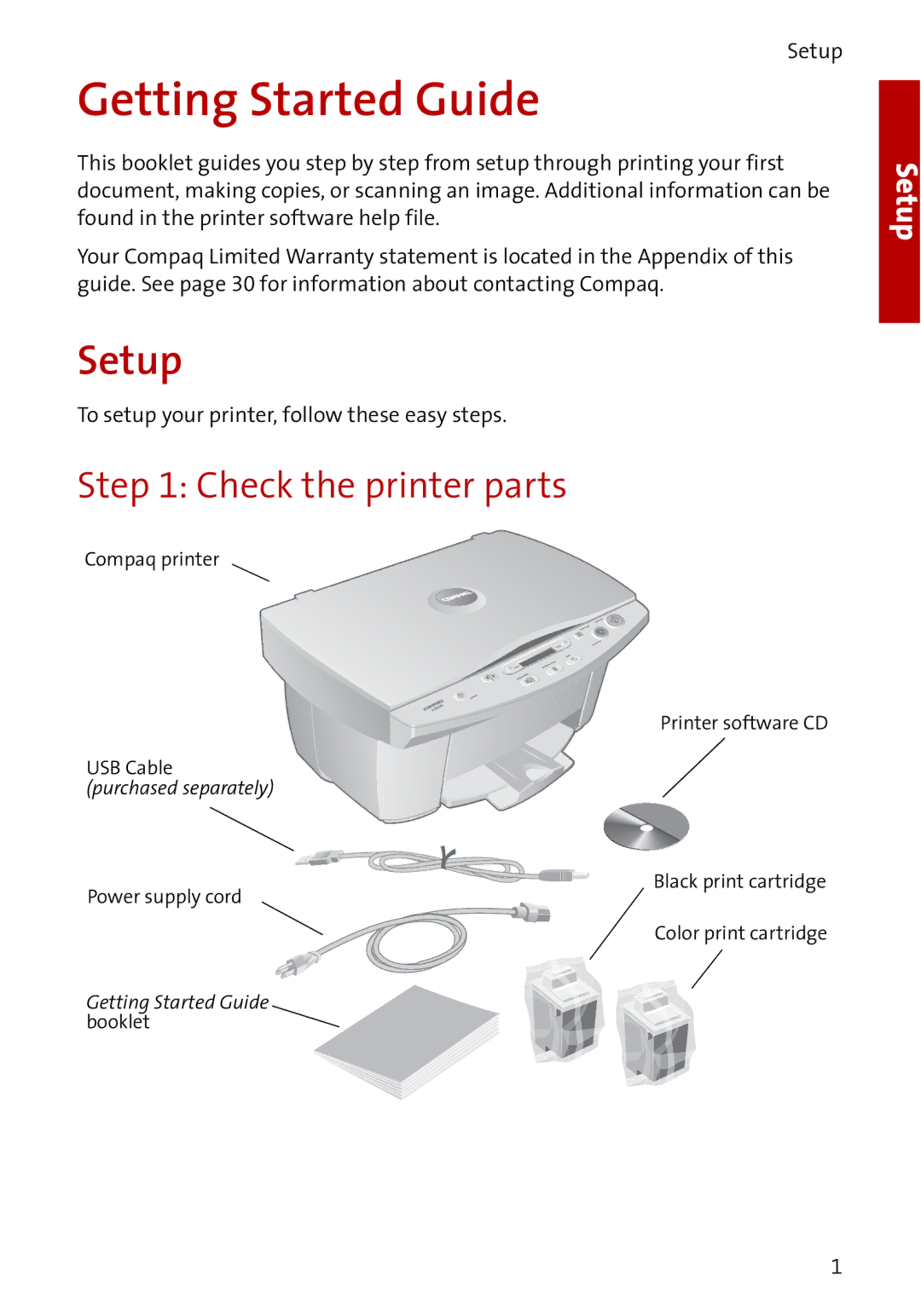 Compaq A3000 manual Getting Started Guide, Setup, Check the printer parts 