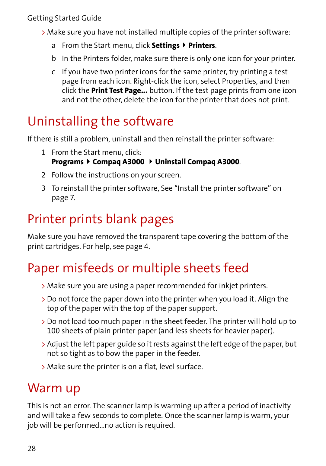 Compaq A3000 manual Uninstalling the software, Printer prints blank pages, Paper misfeeds or multiple sheets feed, Warm up 