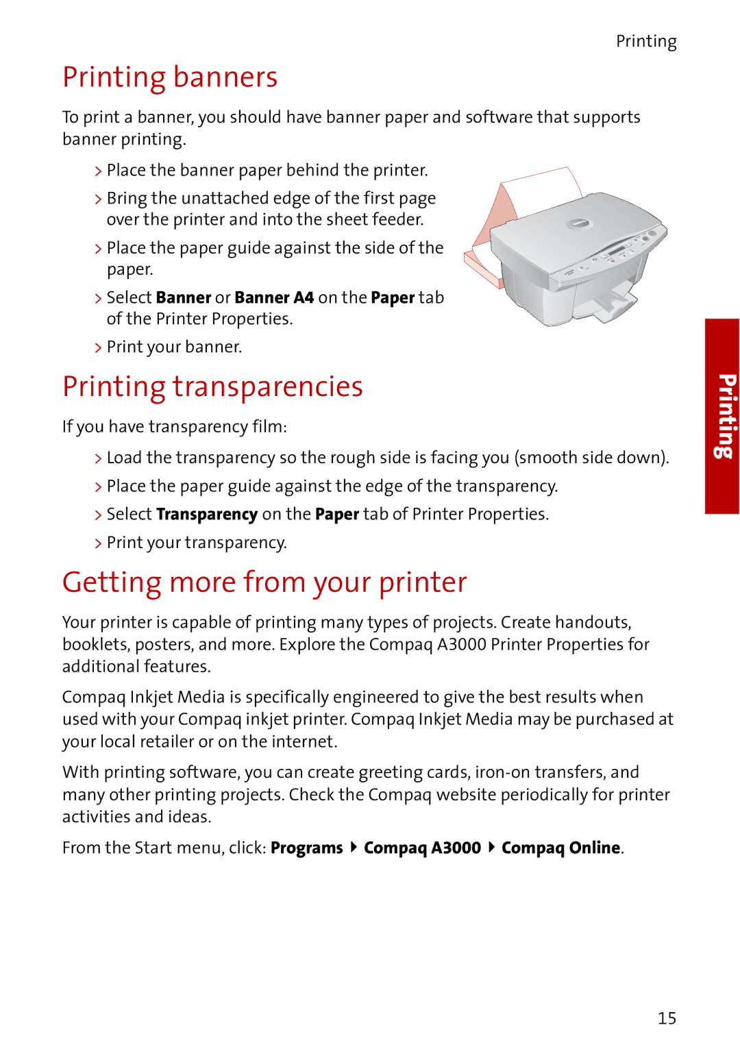 Compaq A3000 manual Printing banners, Printing transparencies, Getting more from your printer 