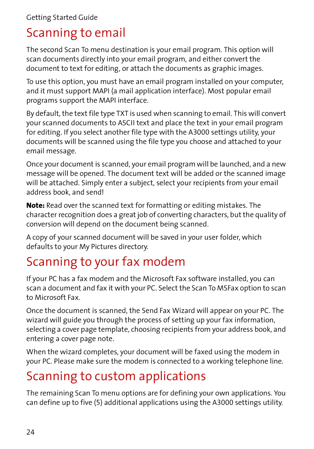 Compaq A3000 manual Scanning to email, Scanning to your fax modem, Scanning to custom applications 