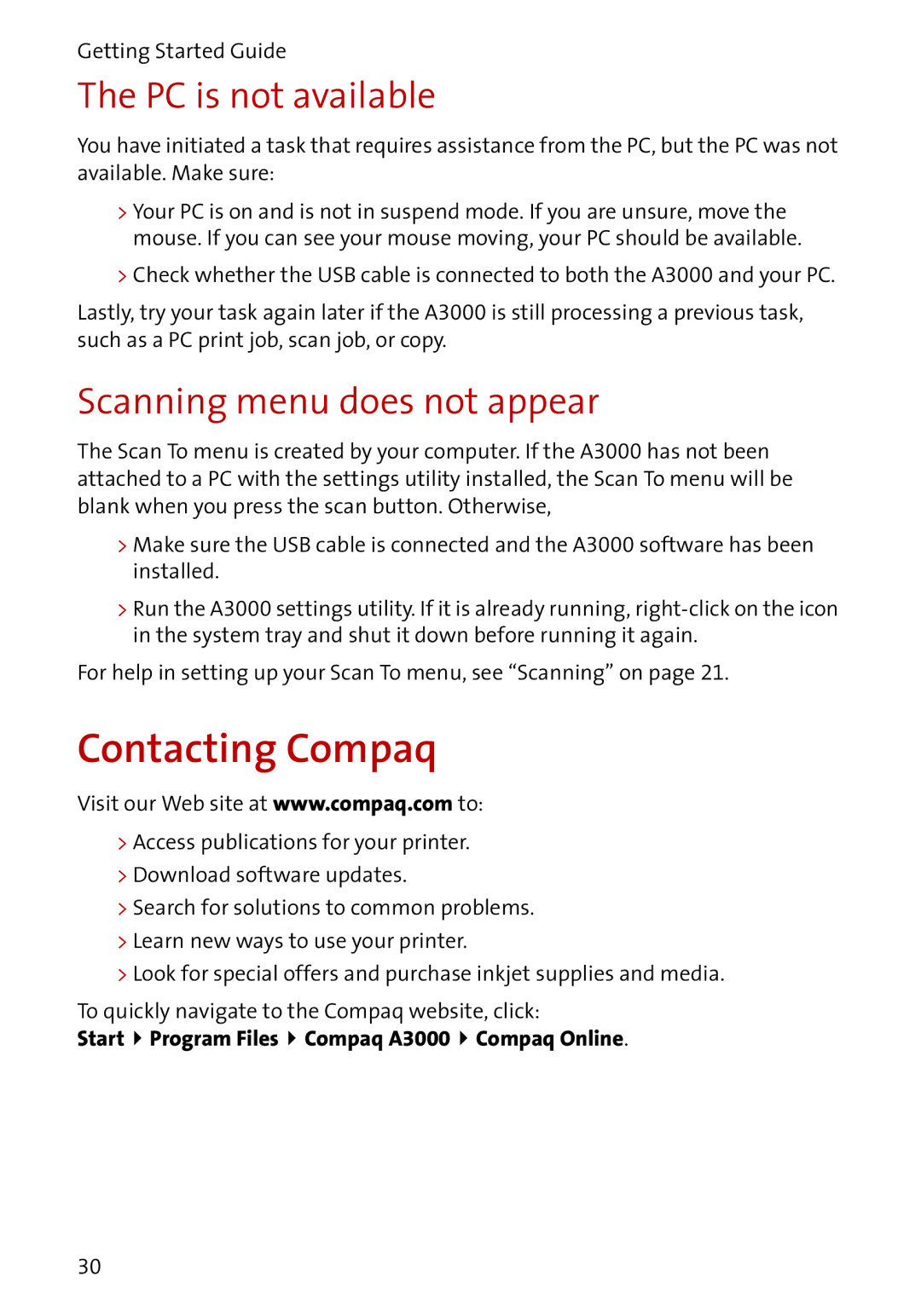 Compaq A3000 manual Contacting Compaq, PC is not available, Scanning menu does not appear 