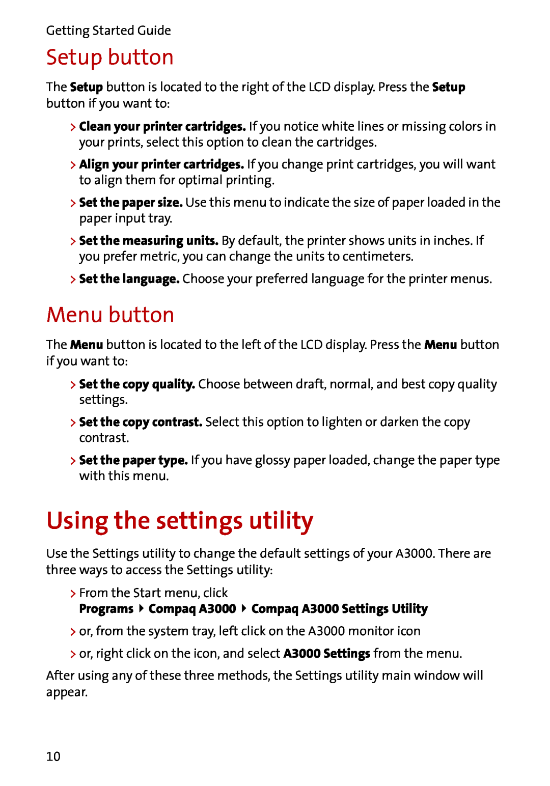 Compaq A3000 manual Using the settings utility, Setup button, Menu button 