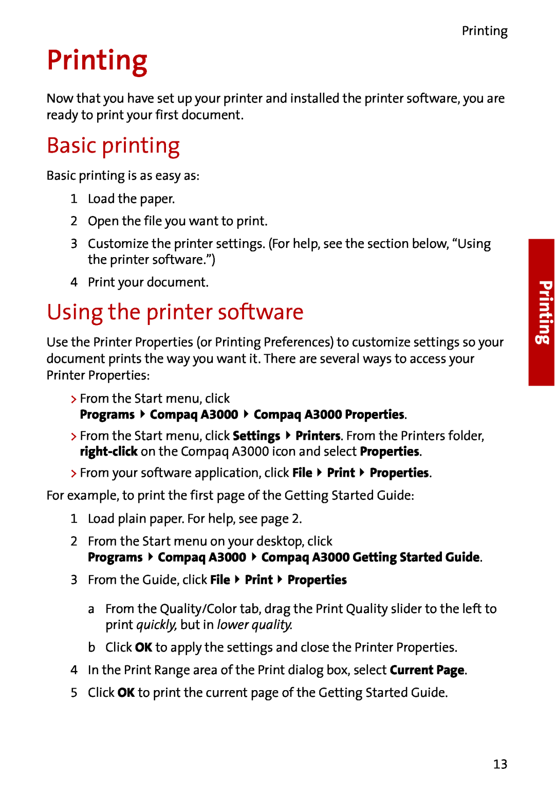 Compaq A3000 manual Printing, Basic printing, Using the printer software 