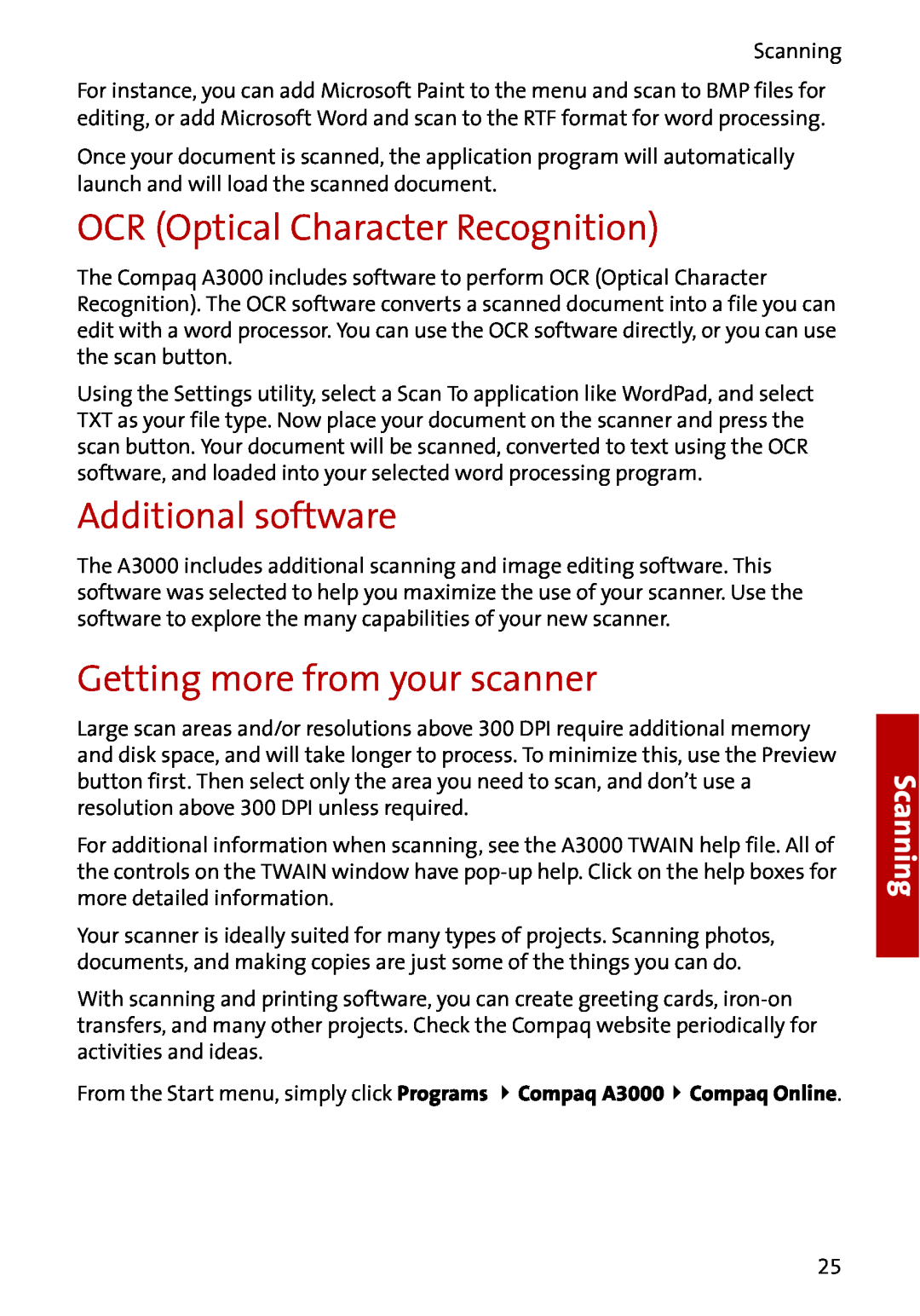 Compaq A3000 manual OCR Optical Character Recognition, Additional software, Getting more from your scanner, Scanning 