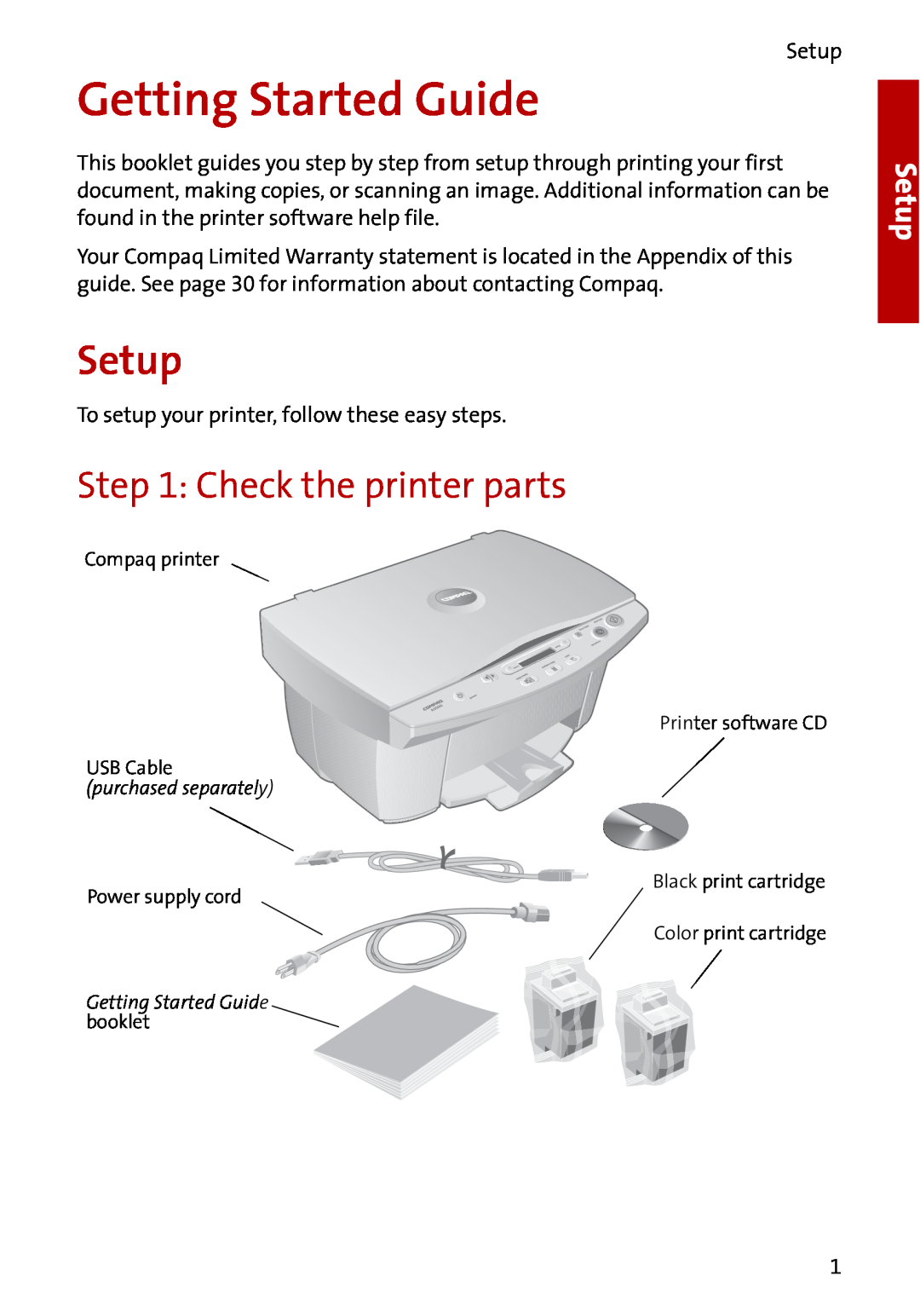 Compaq A3000 manual Getting Started Guide, Setup, Check the printer parts 