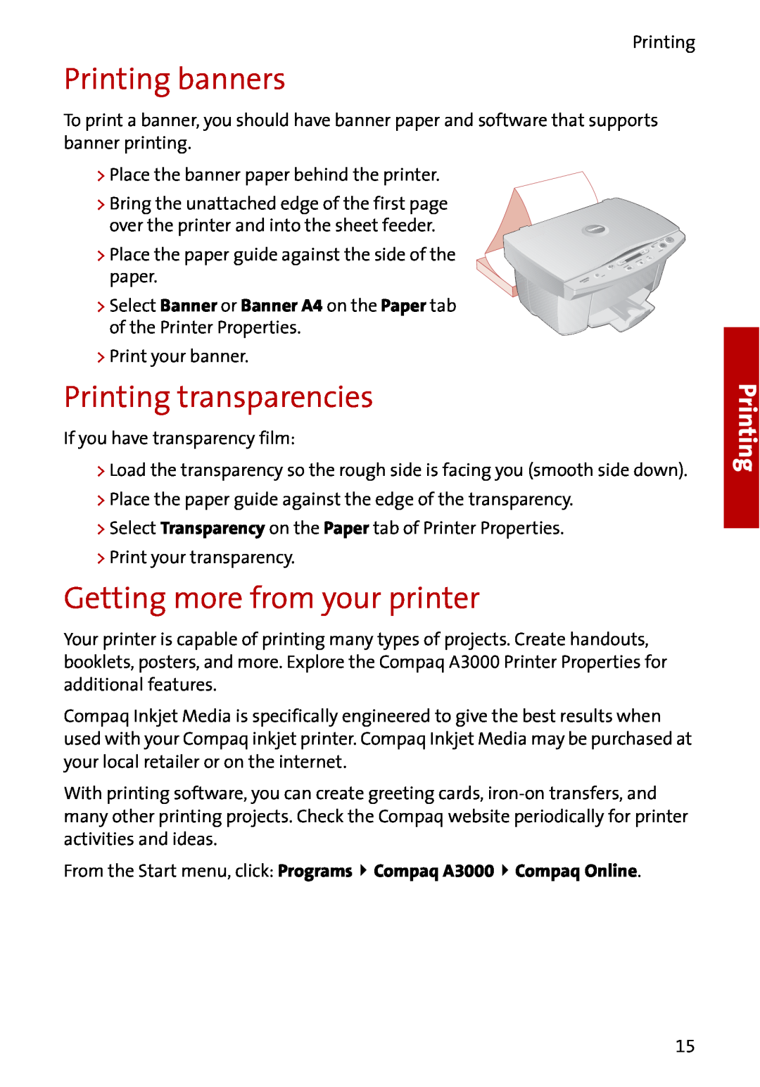 Compaq A3000 manual Printing banners, Printing transparencies, Getting more from your printer 