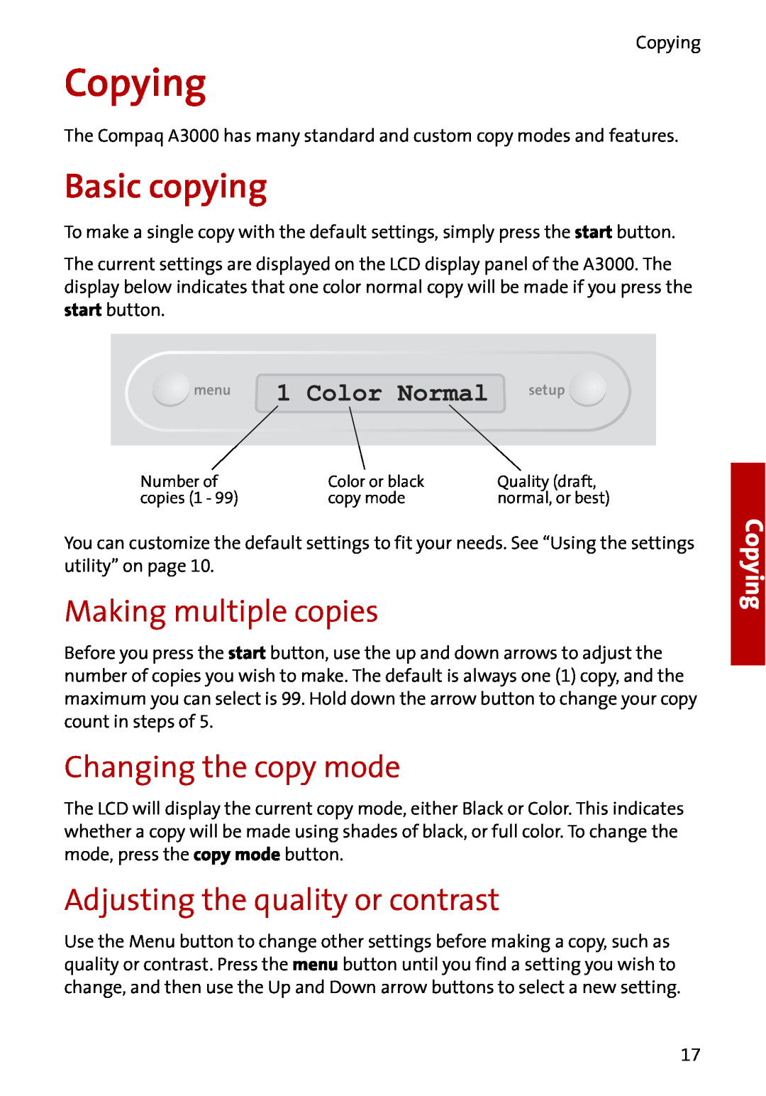 Compaq A3000 Copying, Basic copying, Making multiple copies, Changing the copy mode, Adjusting the quality or contrast 