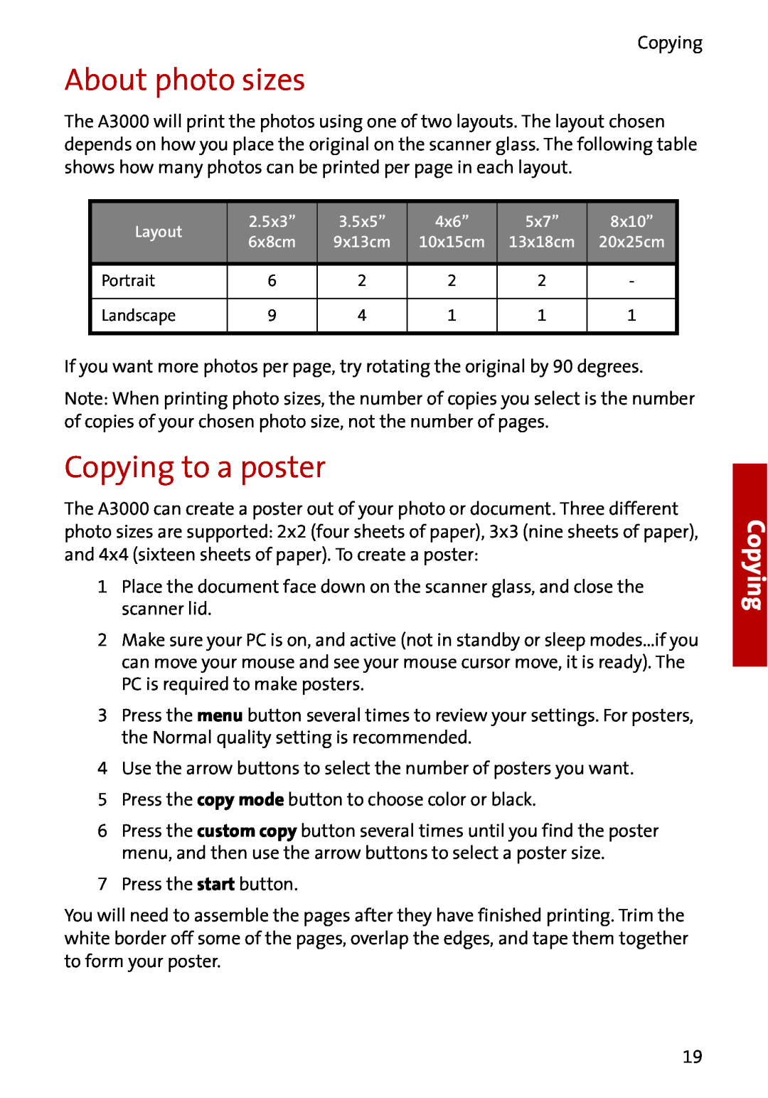Compaq A3000 manual About photo sizes, Copying to a poster, Layout, 2.5x3”, 3.5x5”, 4x6”, 5x7”, 8x10” 