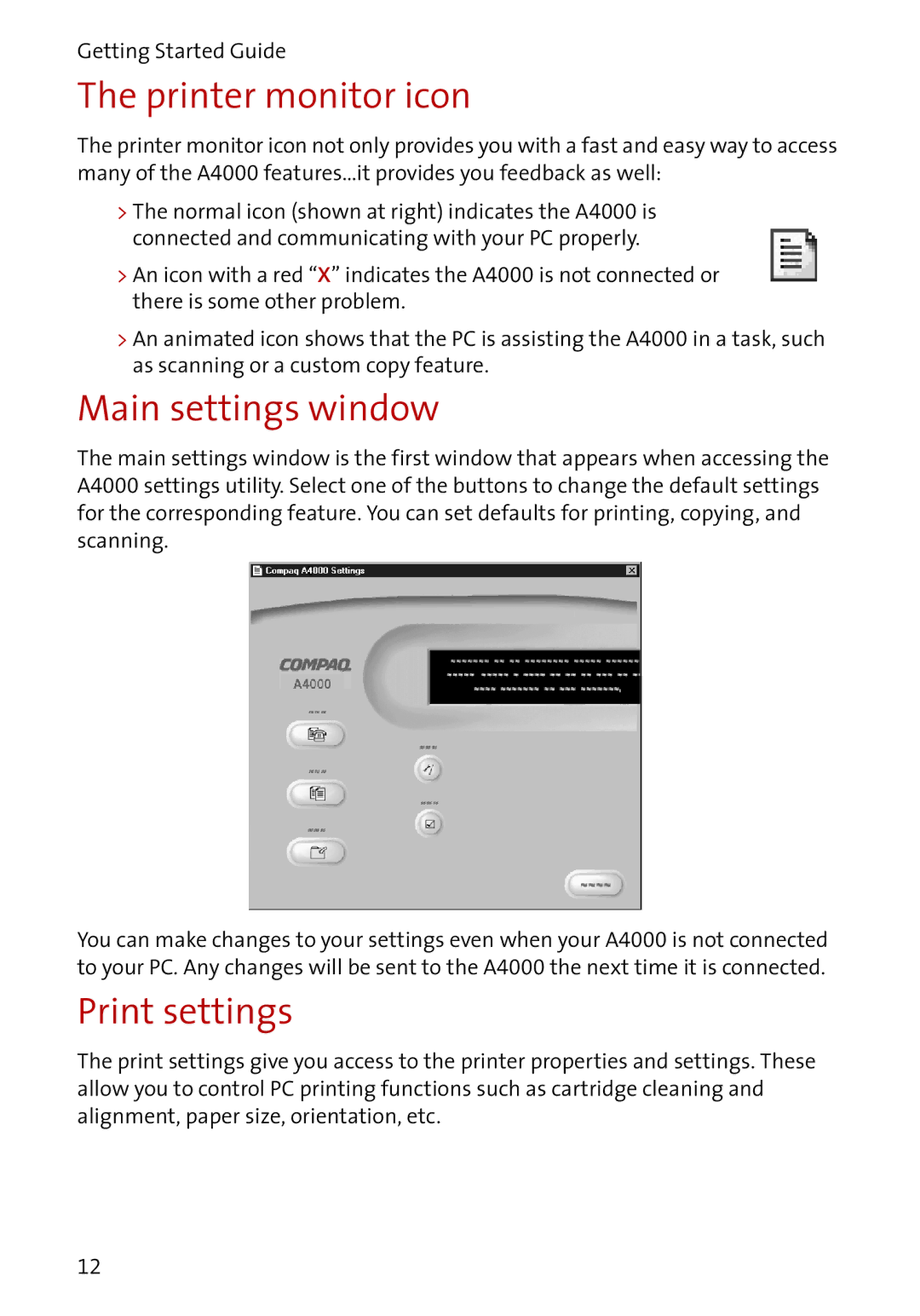 Compaq A4000 manual Printer monitor icon, Main settings window, Print settings 