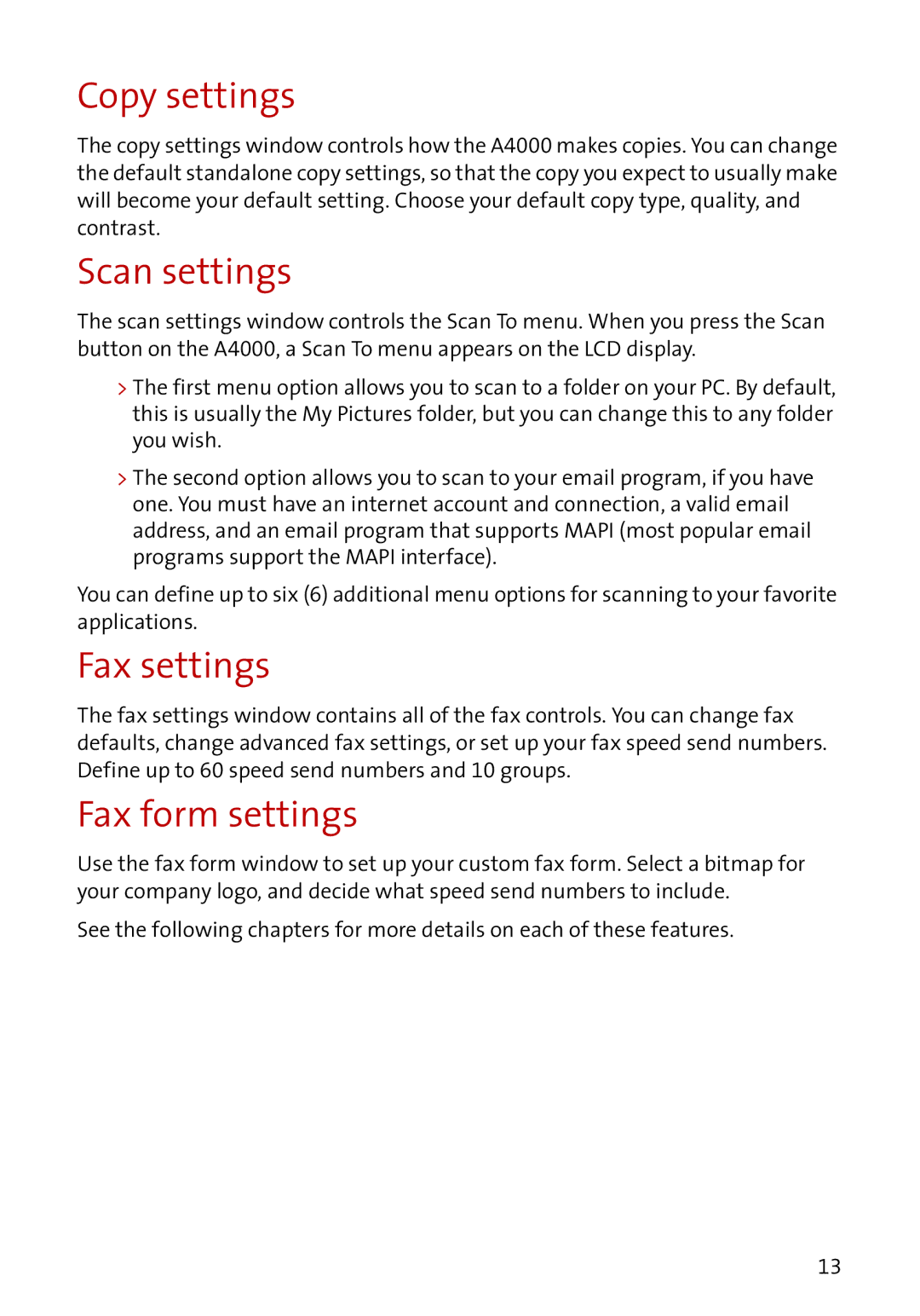 Compaq A4000 manual Copy settings, Scan settings, Fax settings, Fax form settings 