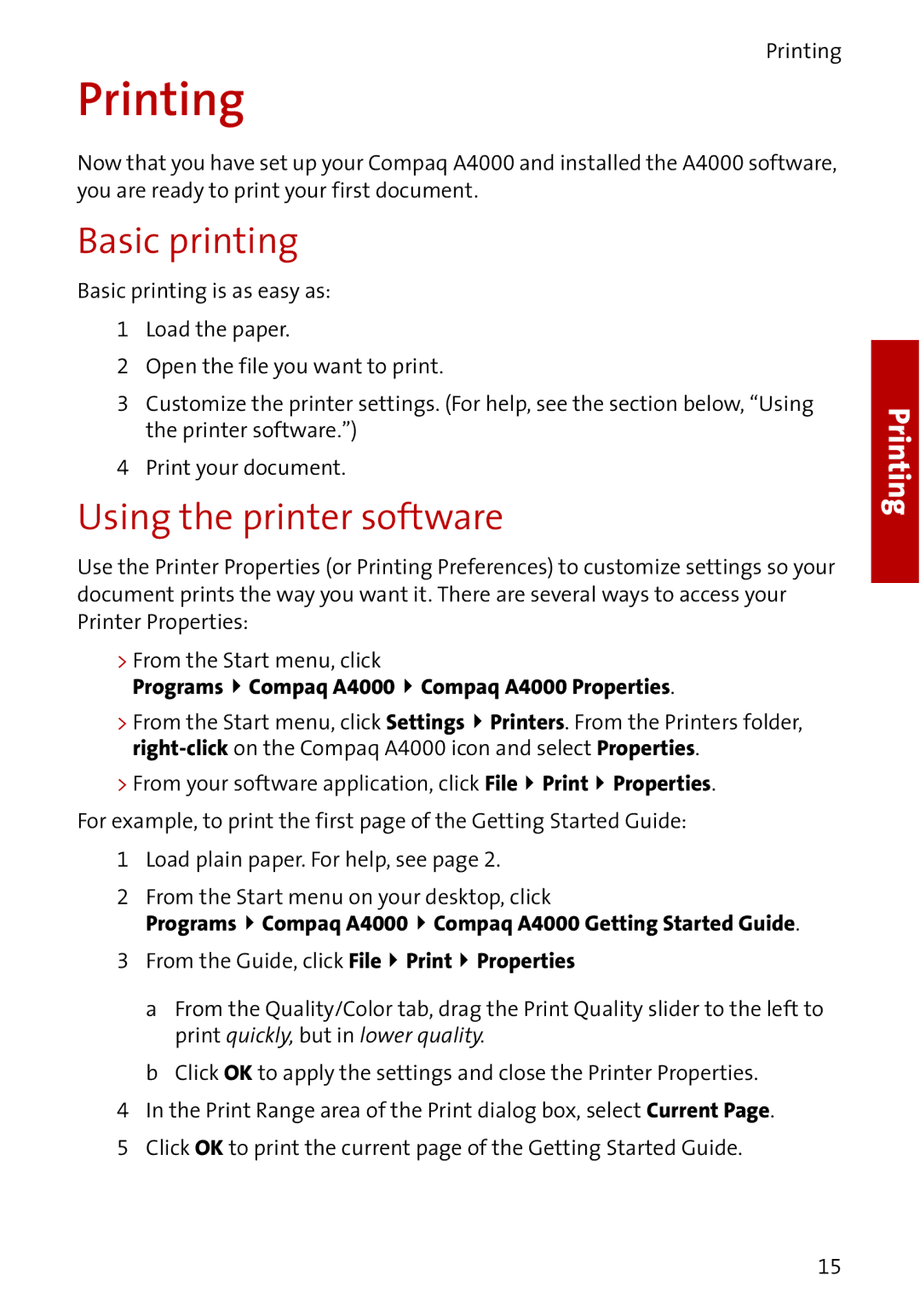 Compaq A4000 manual Printing, Basic printing, Using the printer software 