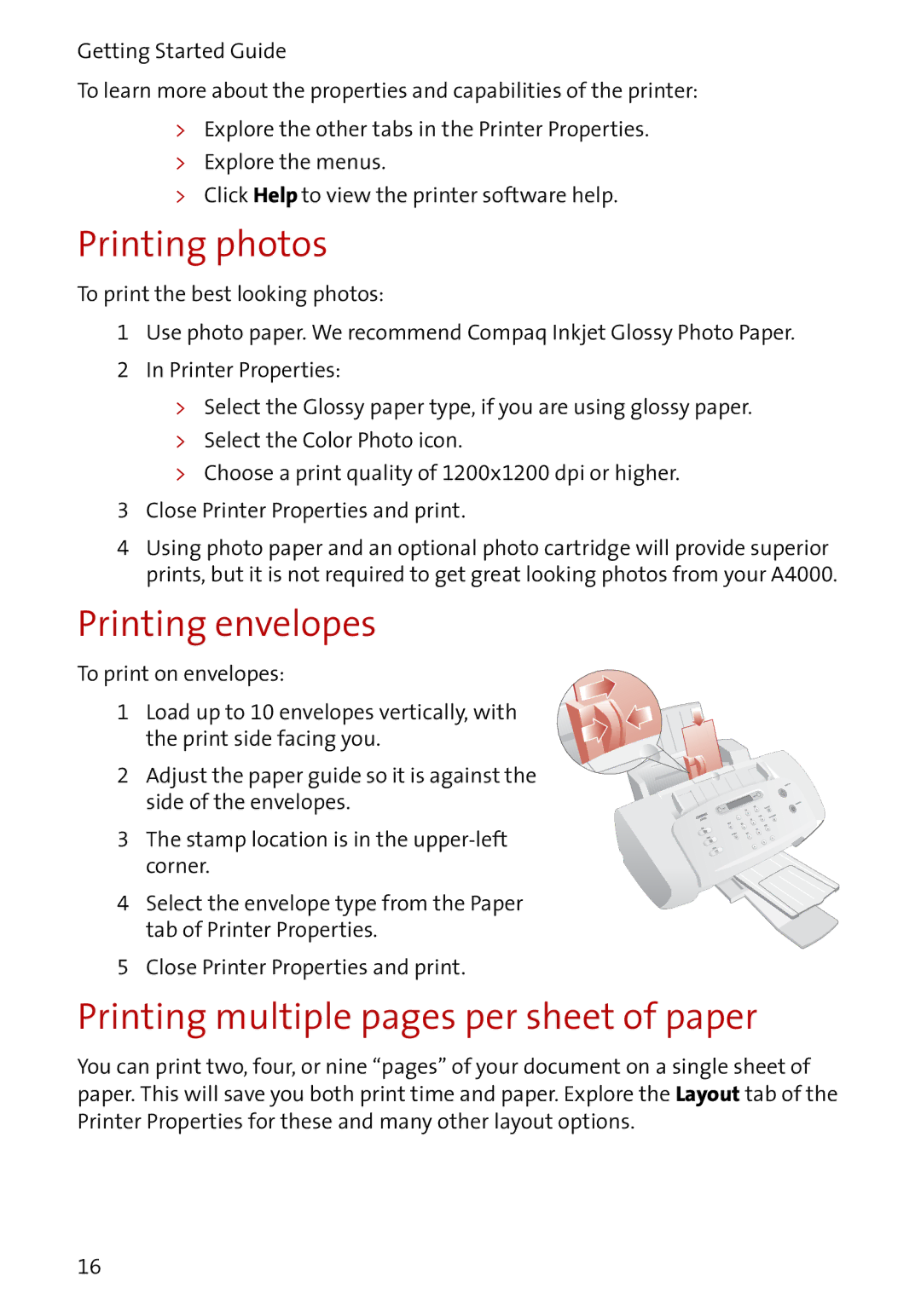 Compaq A4000 manual Printing photos, Printing envelopes, Printing multiple pages per sheet of paper 