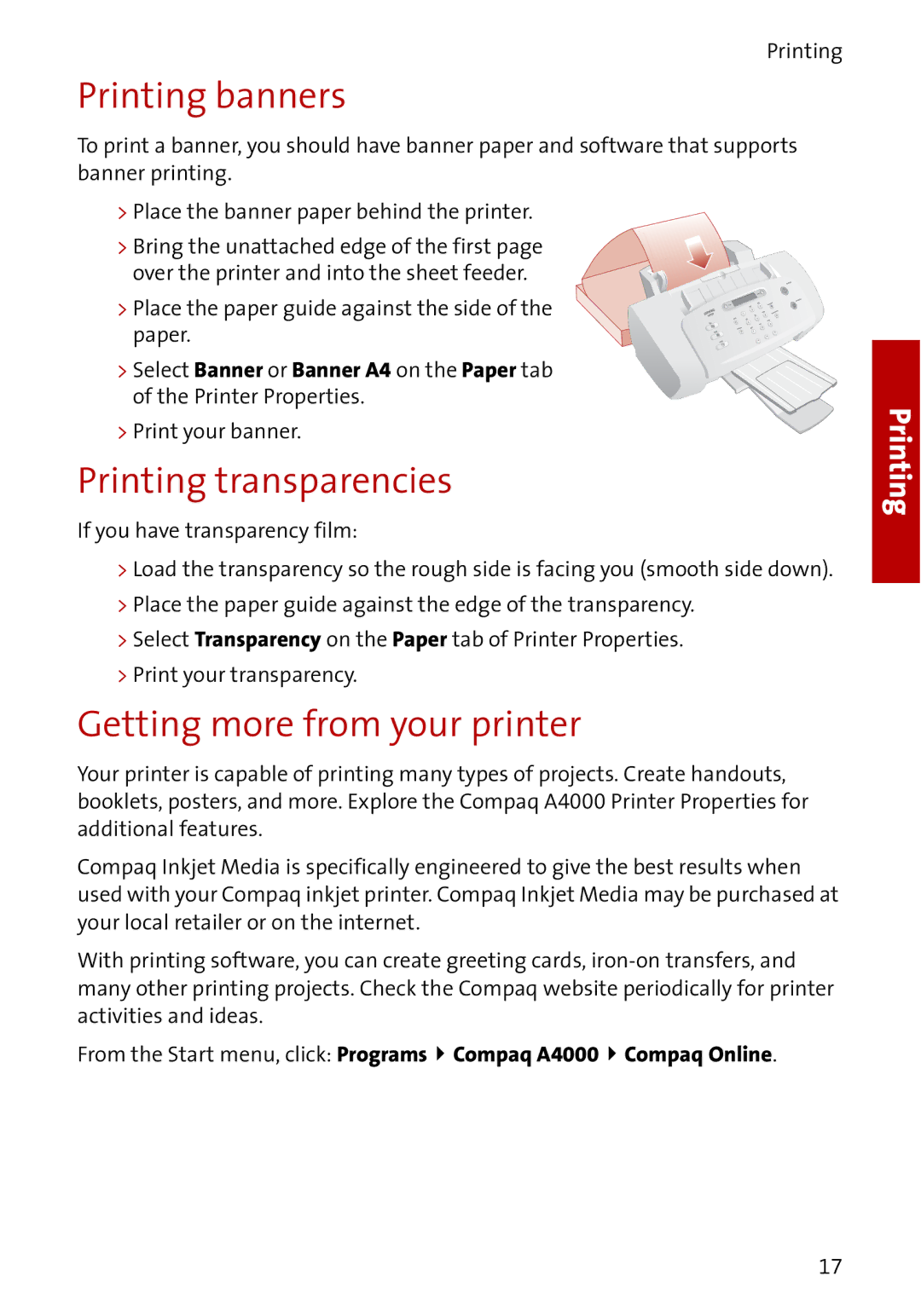 Compaq A4000 manual Printing banners, Printing transparencies, Getting more from your printer 