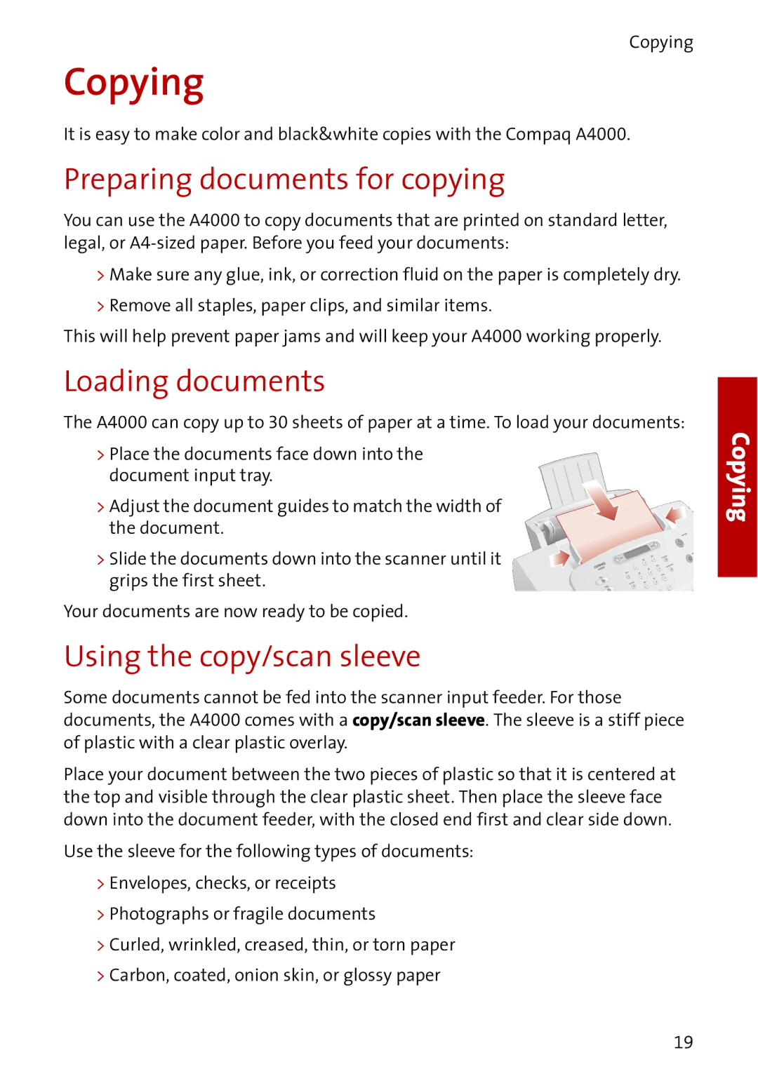 Compaq A4000 manual Copying, Preparing documents for copying, Loading documents, Using the copy/scan sleeve 