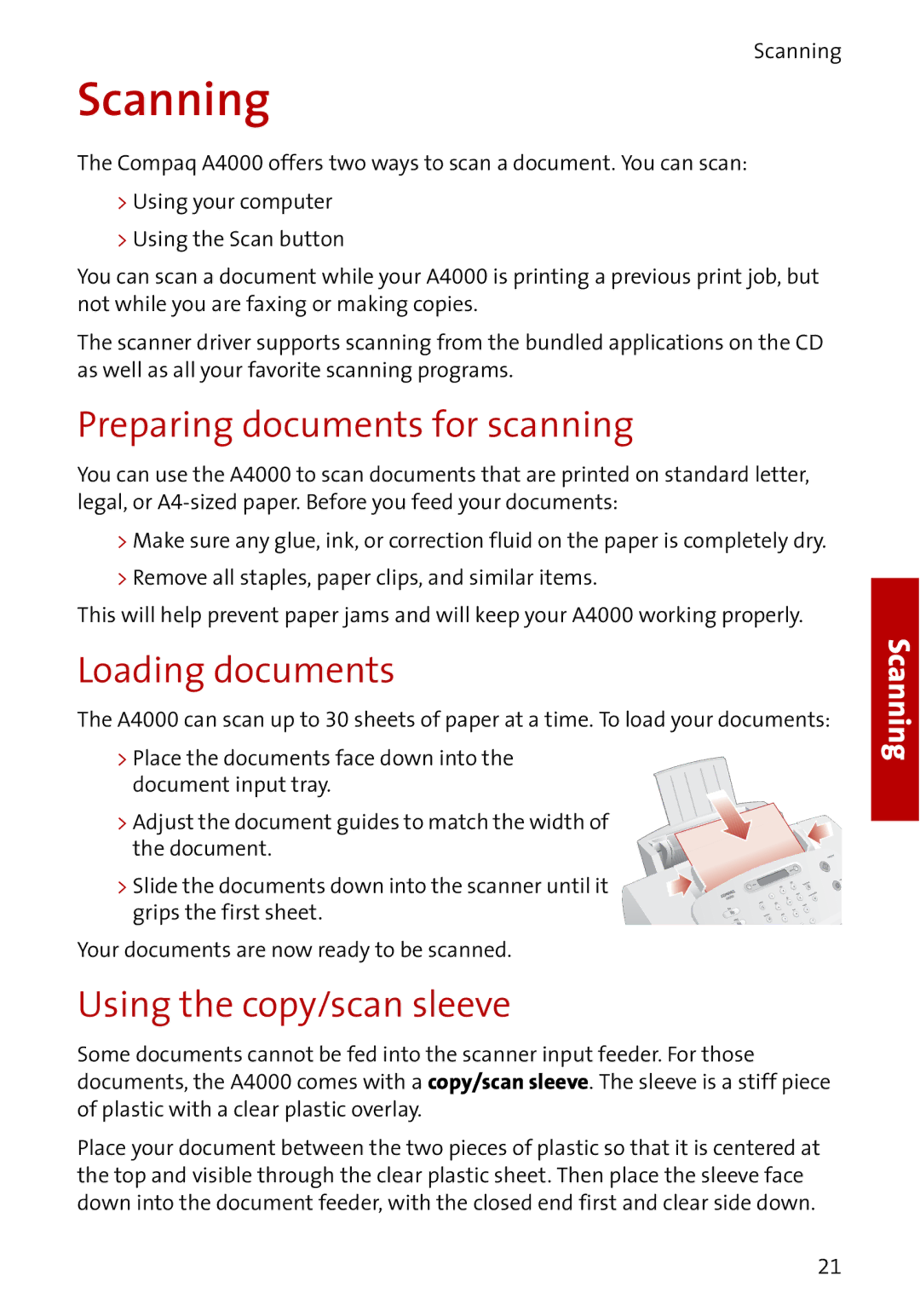 Compaq A4000 manual Scanning, Preparing documents for scanning 