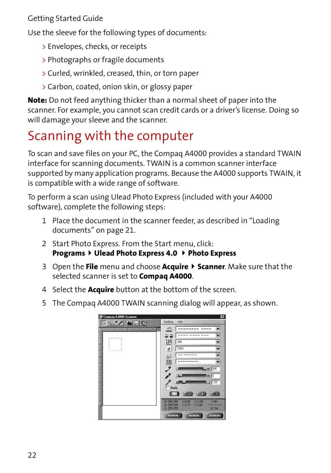 Compaq A4000 manual Scanning with the computer, Programs Ulead Photo Express 4.0 Photo Express 