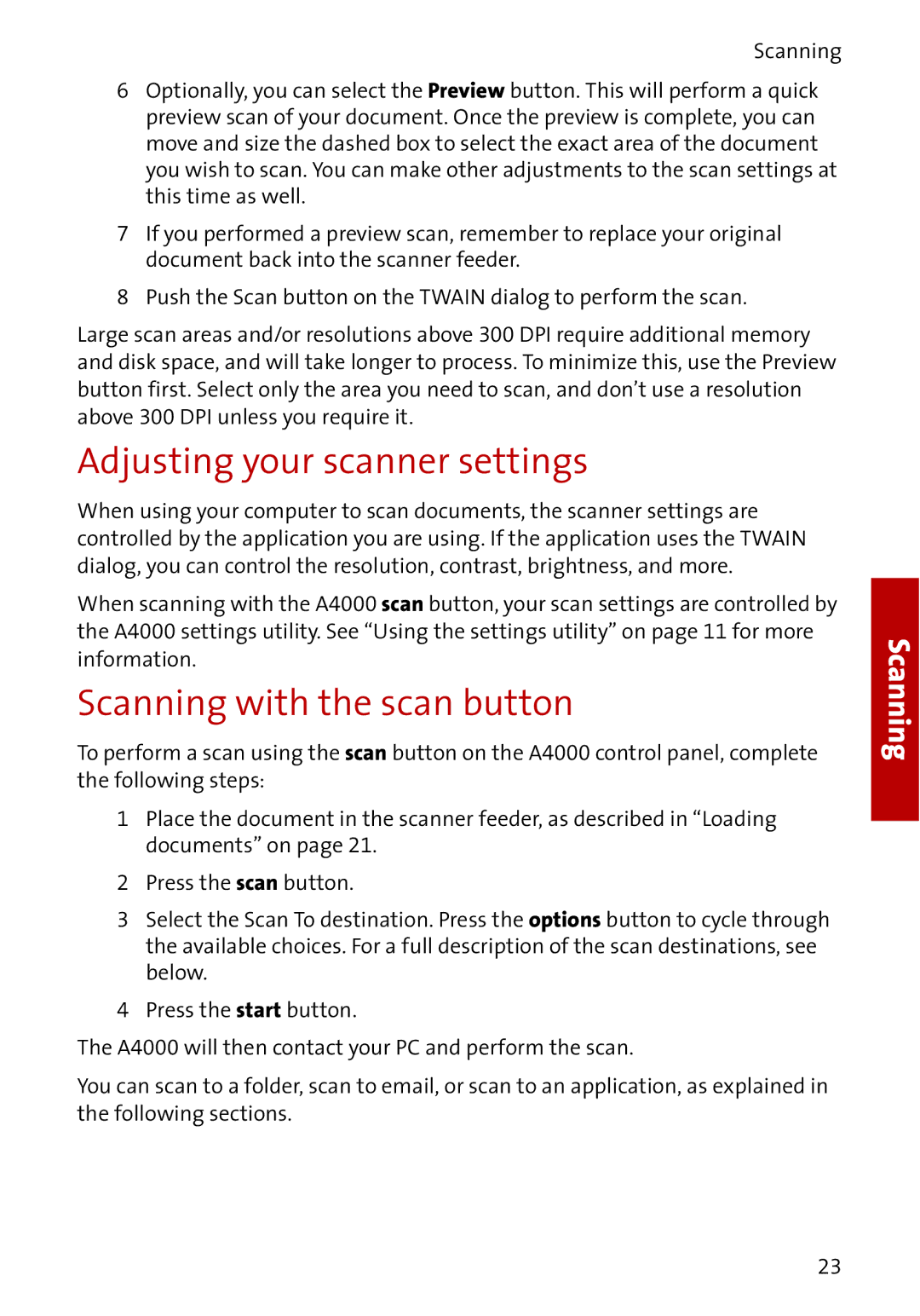 Compaq A4000 manual Adjusting your scanner settings, Scanning with the scan button 